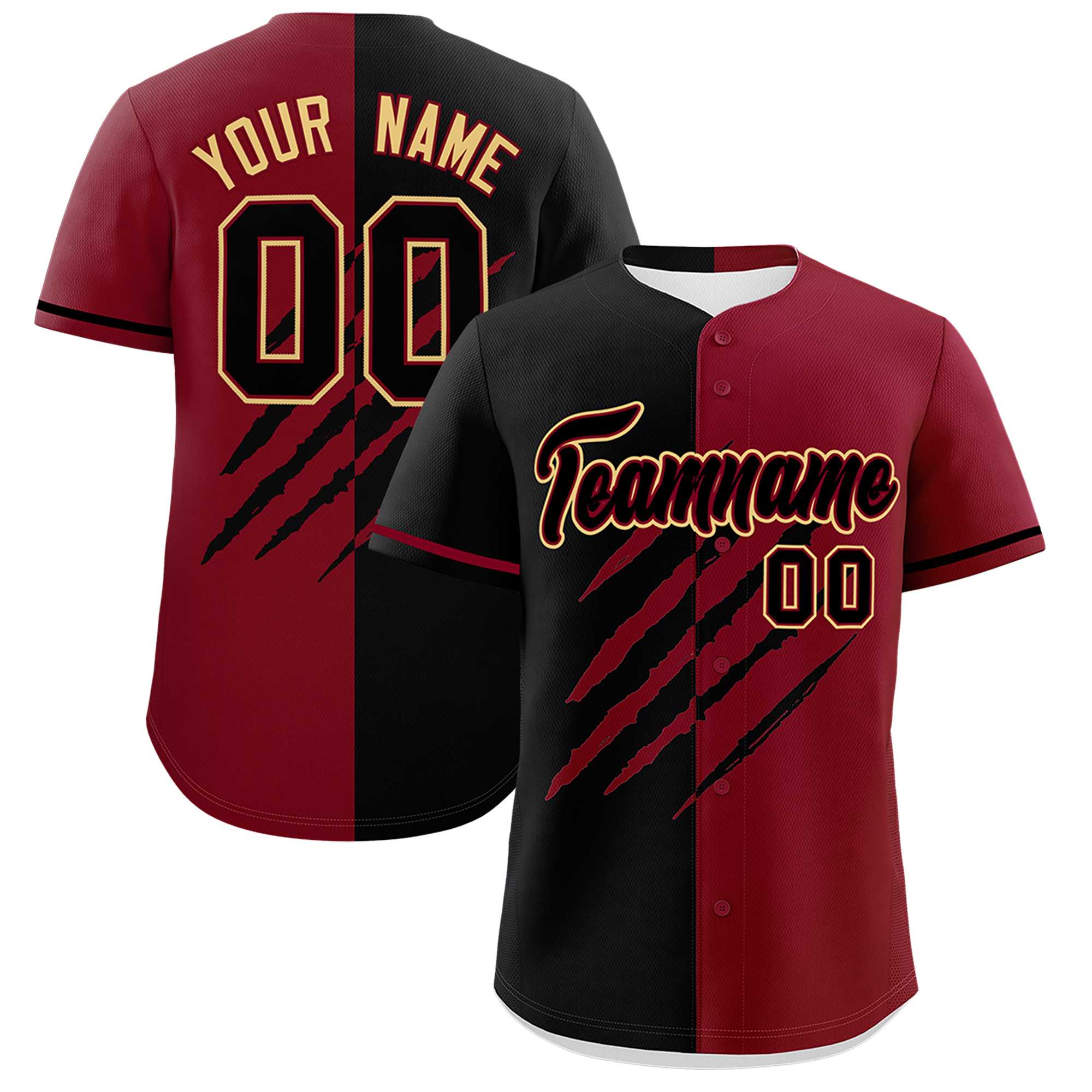 Custom Black Crimson Split Tiger Claw Scratch Pattern Baseball Jersey