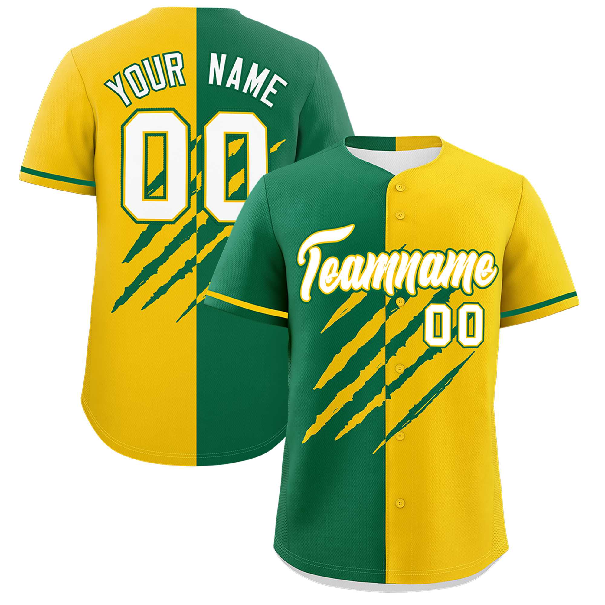 Custom Kelly Green Gold Split Tiger Claw Scratch Pattern Baseball Jersey