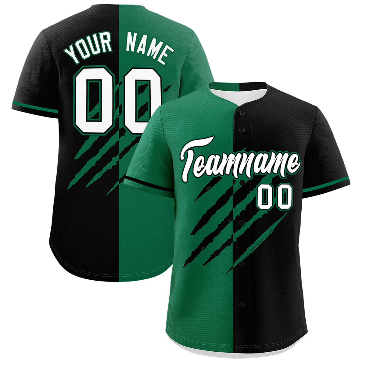 Custom Kelly Green Black Split Tiger Claw Scratch Pattern Baseball Jersey