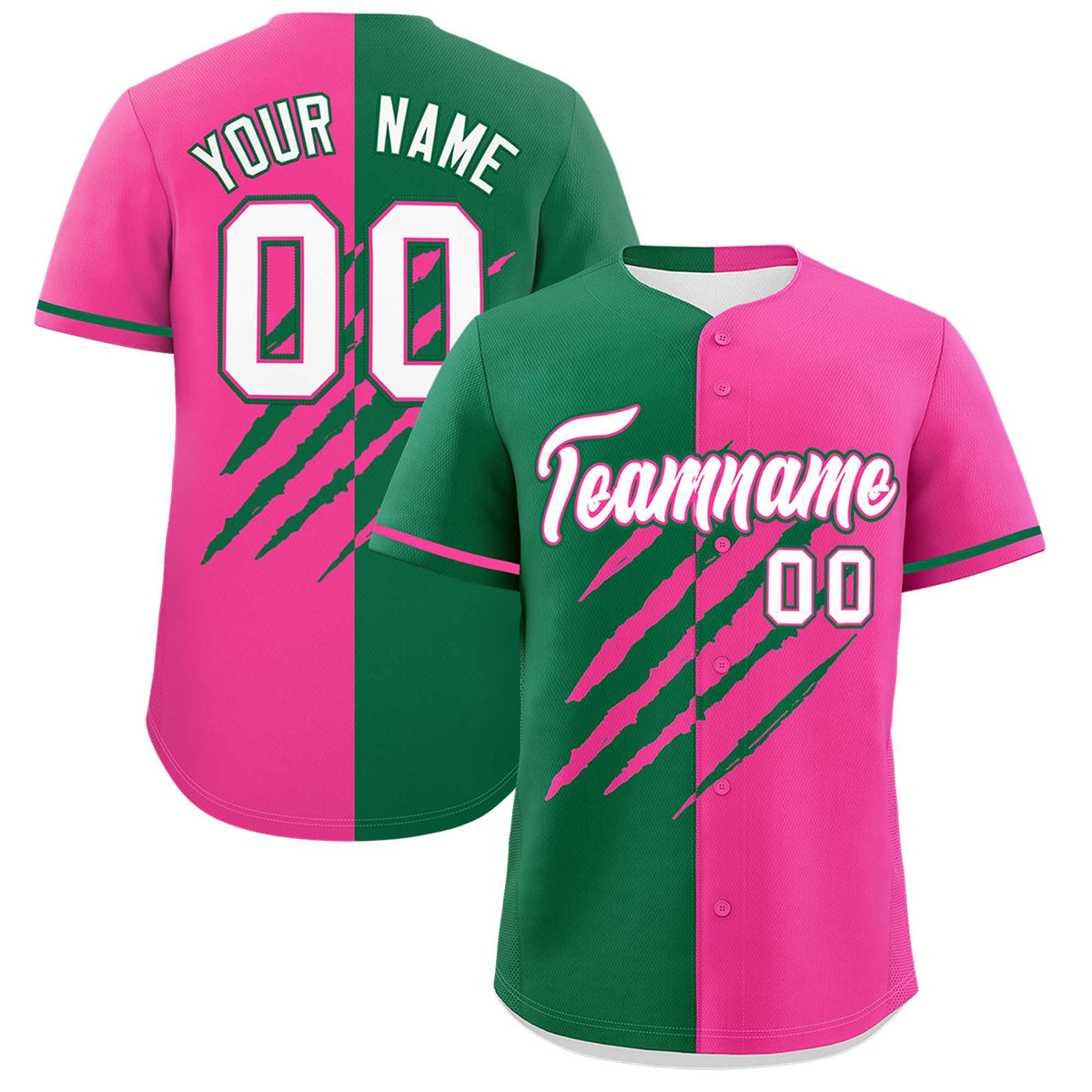 Custom Kelly Green Pink Split Tiger Claw Scratch Pattern Baseball Jersey