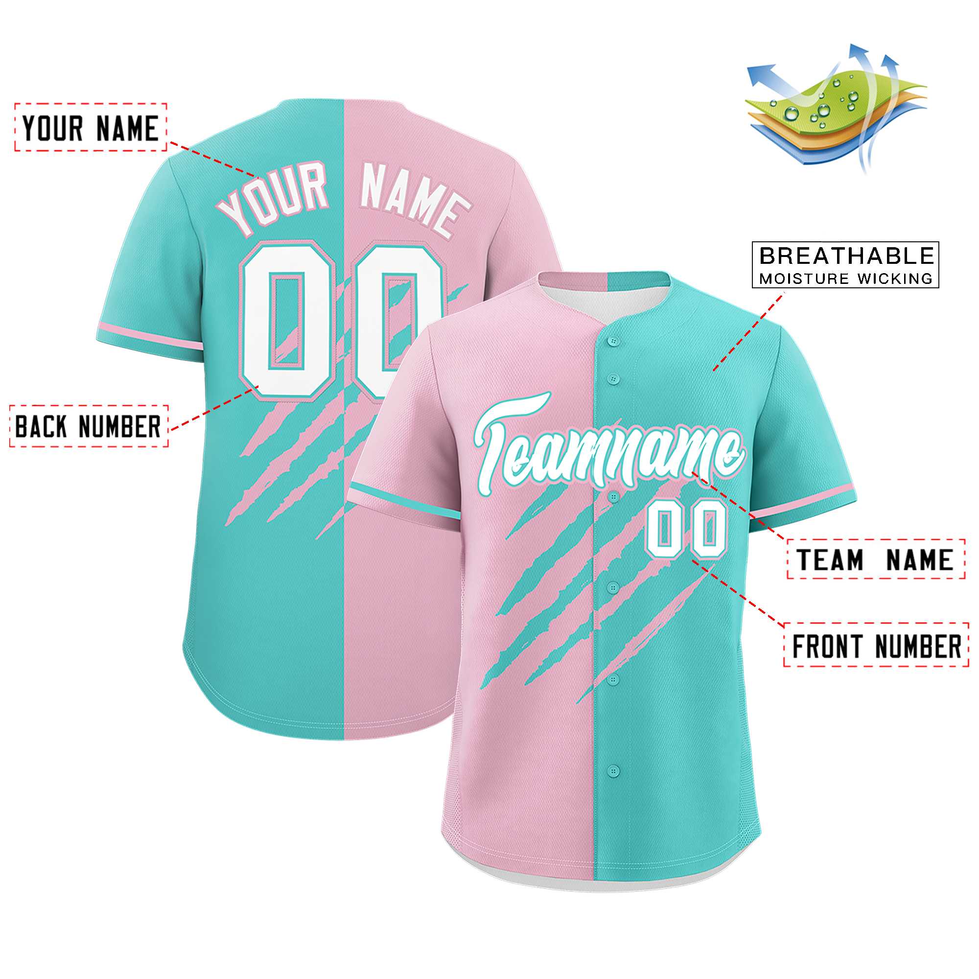 Custom Light Pink Bright Green Split Tiger Claw Scratch Pattern Baseball Jersey