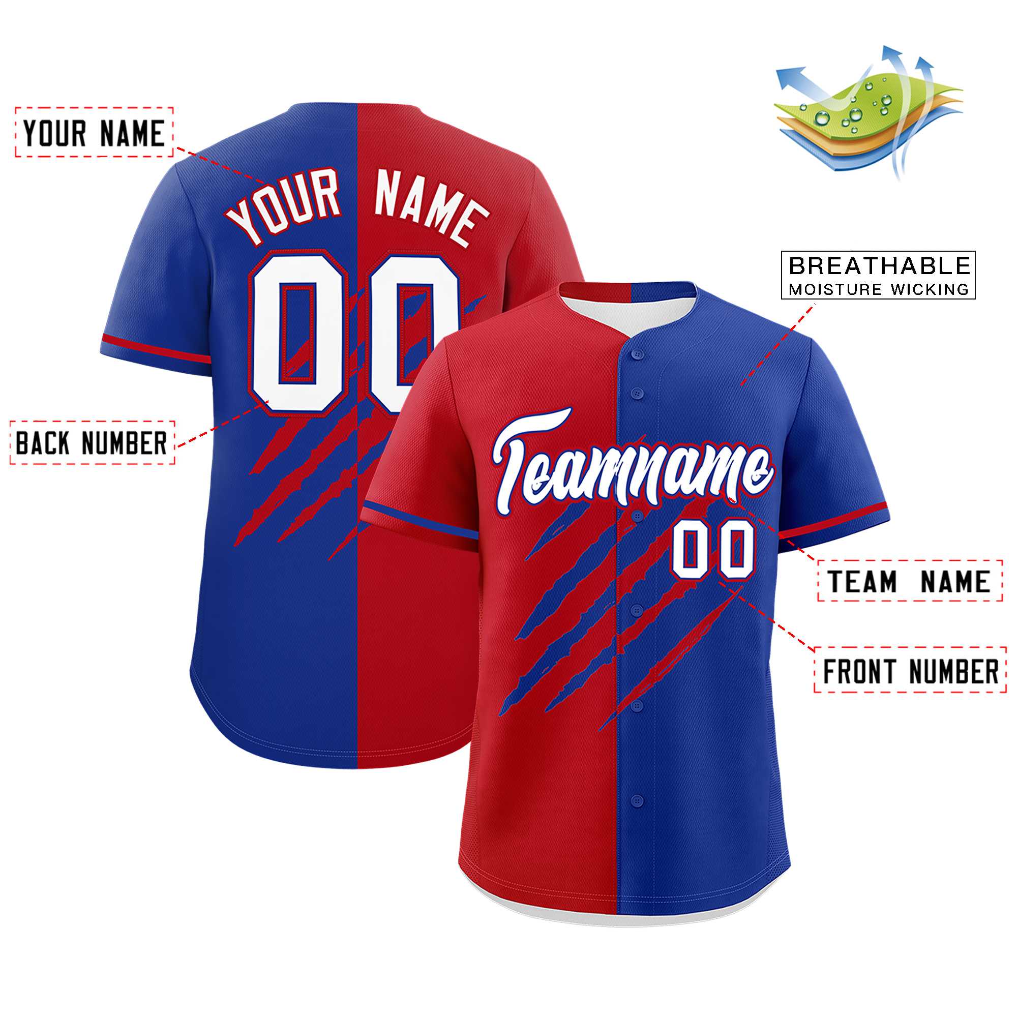 Custom Red Royal Blue Split Tiger Claw Scratch Pattern Baseball Jersey