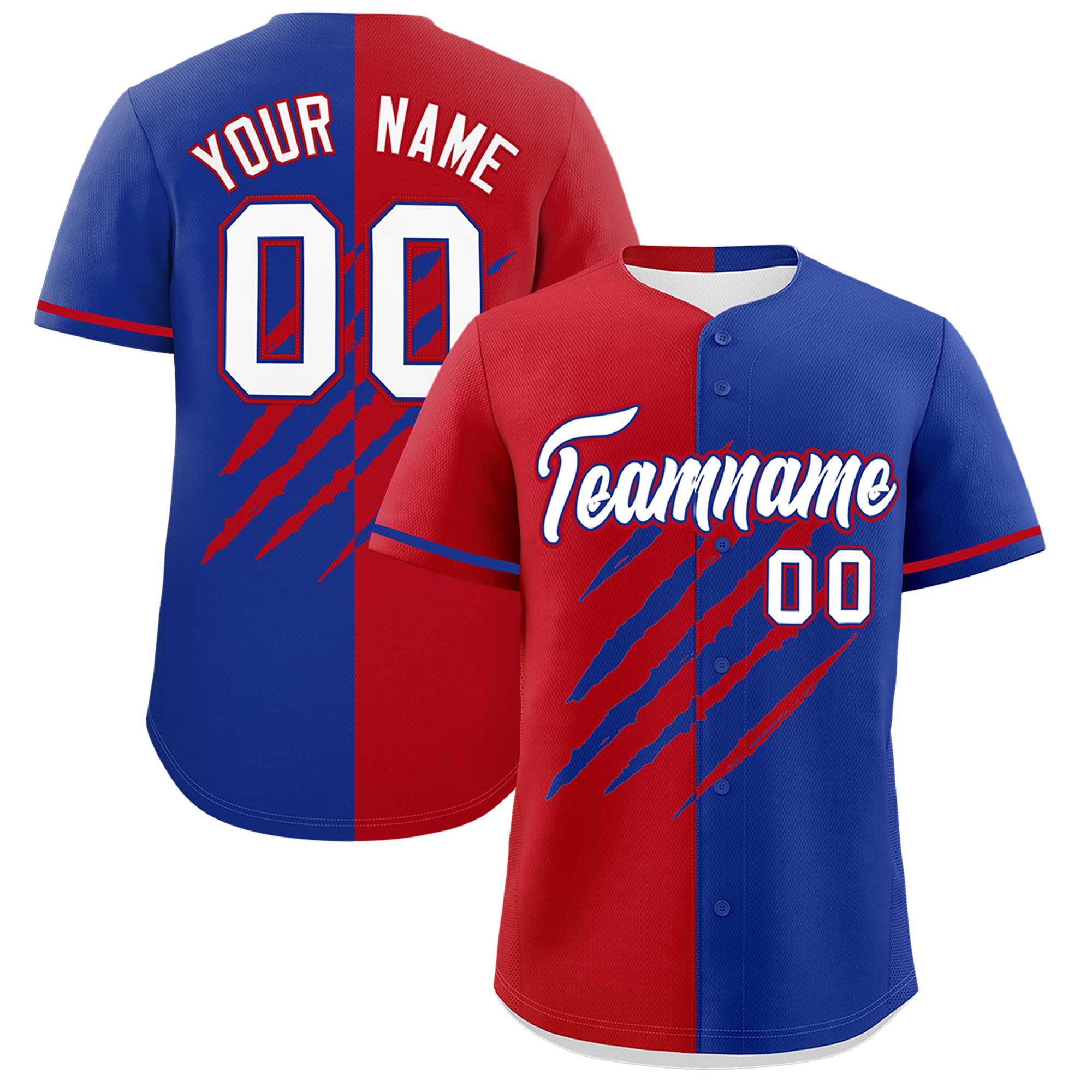 Custom Red Royal Blue Split Tiger Claw Scratch Pattern Baseball Jersey