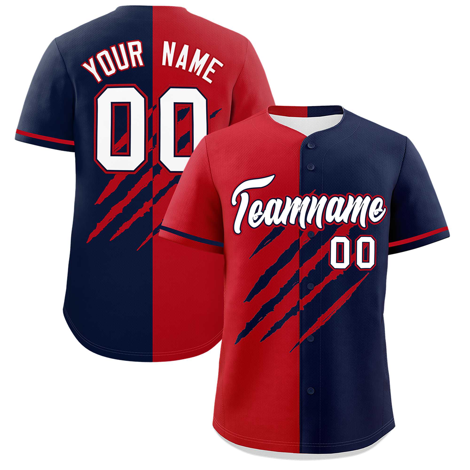 Custom Red Navy Split Tiger Claw Scratch Pattern Baseball Jersey