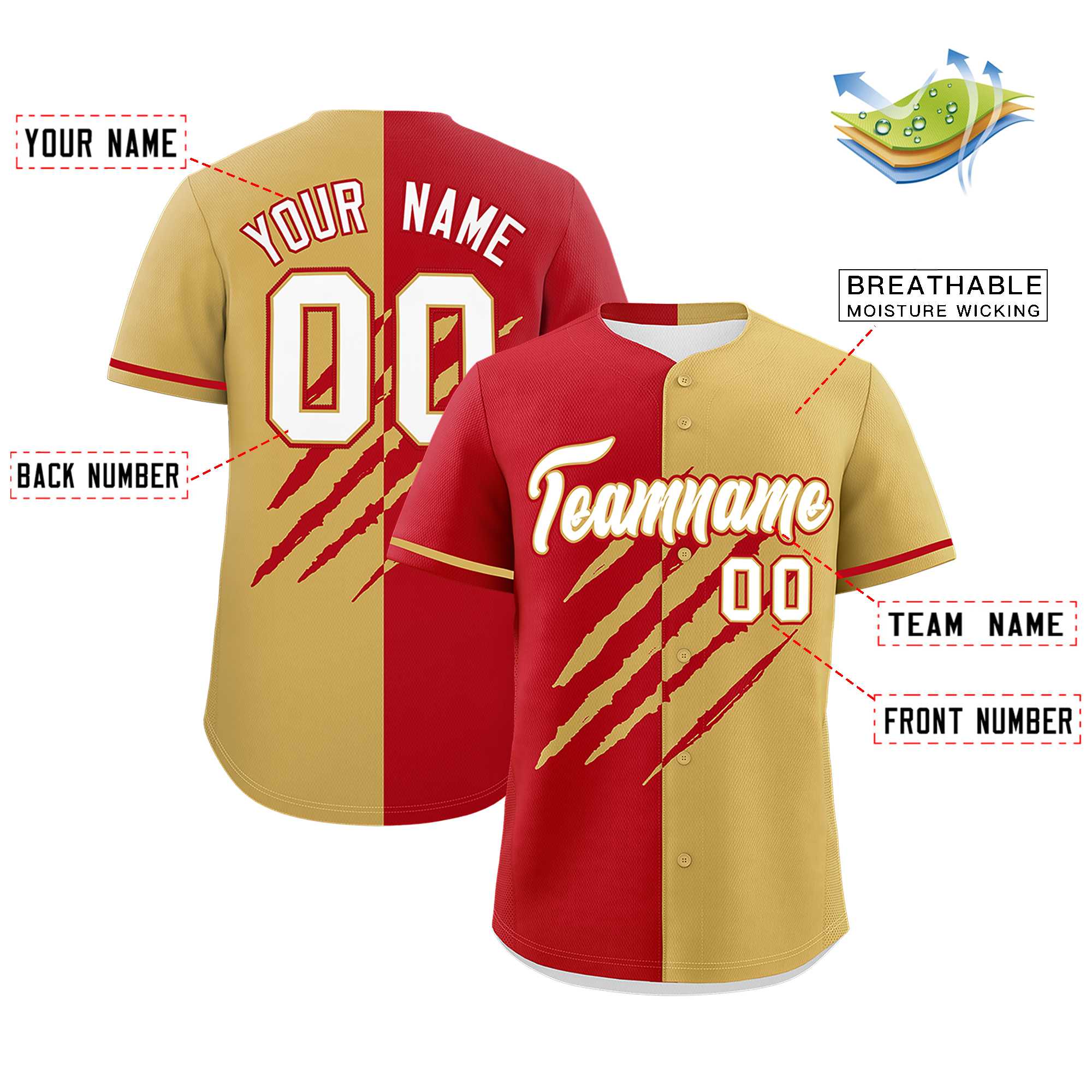 Custom Red Old Gold Split Tiger Claw Scratch Pattern Baseball Jersey