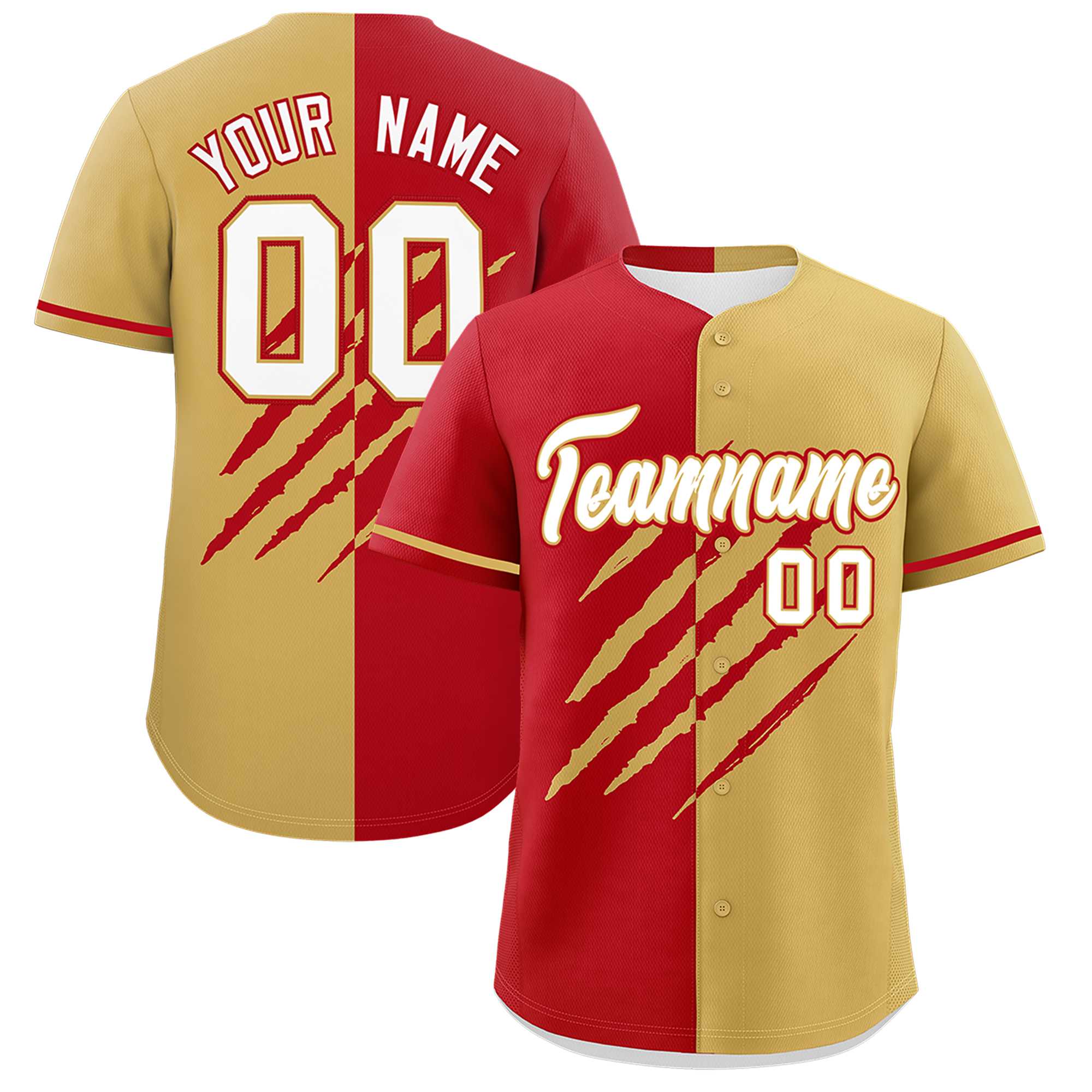 Custom Red Old Gold Split Tiger Claw Scratch Pattern Baseball Jersey