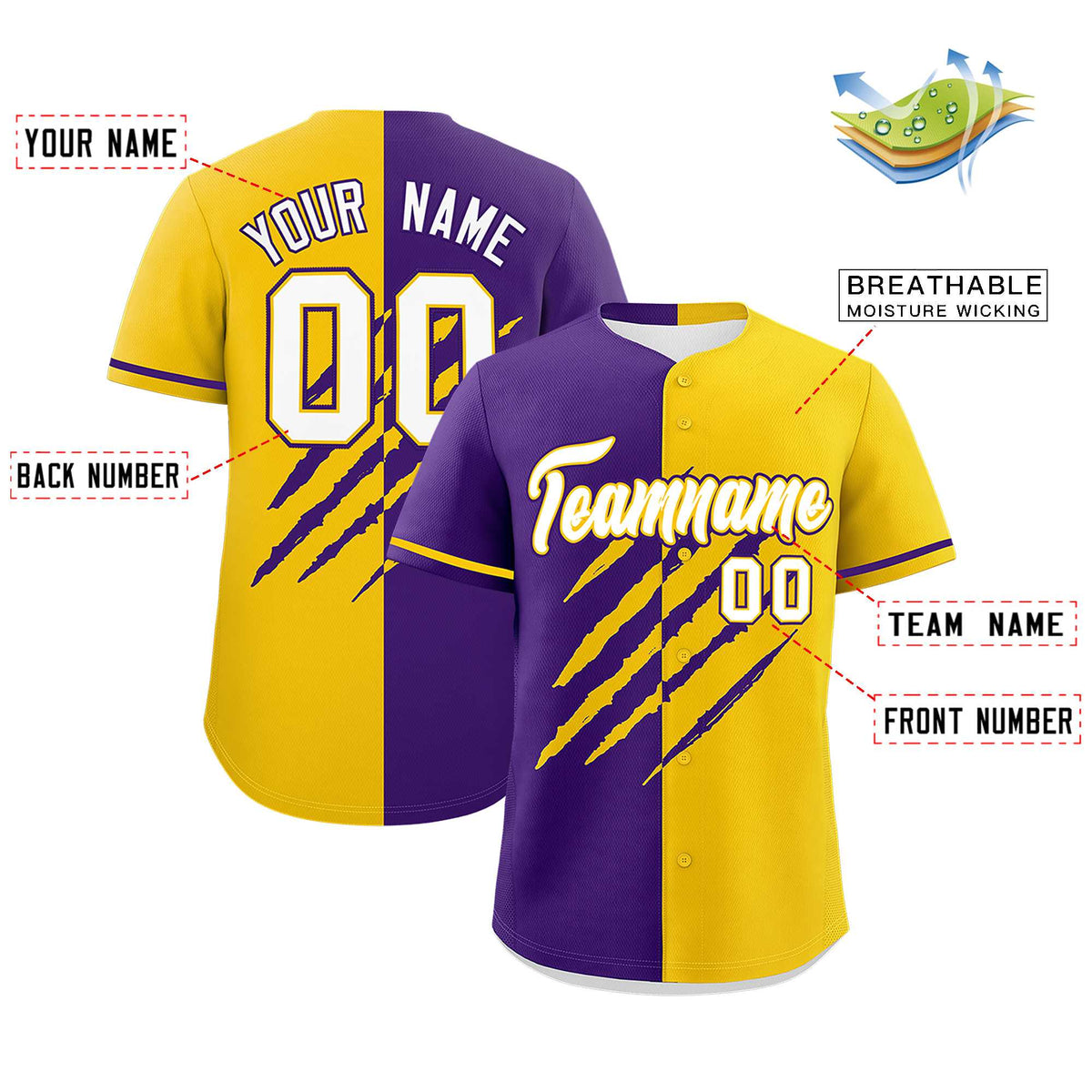 Custom Purple Gold Split Tiger Claw Scratch Pattern Baseball Jersey
