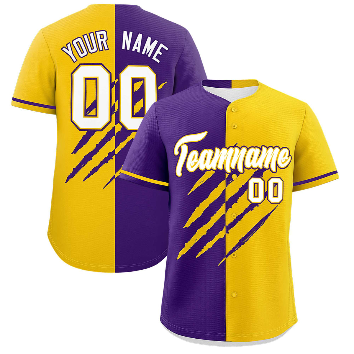 Custom Purple Gold Split Tiger Claw Scratch Pattern Baseball Jersey