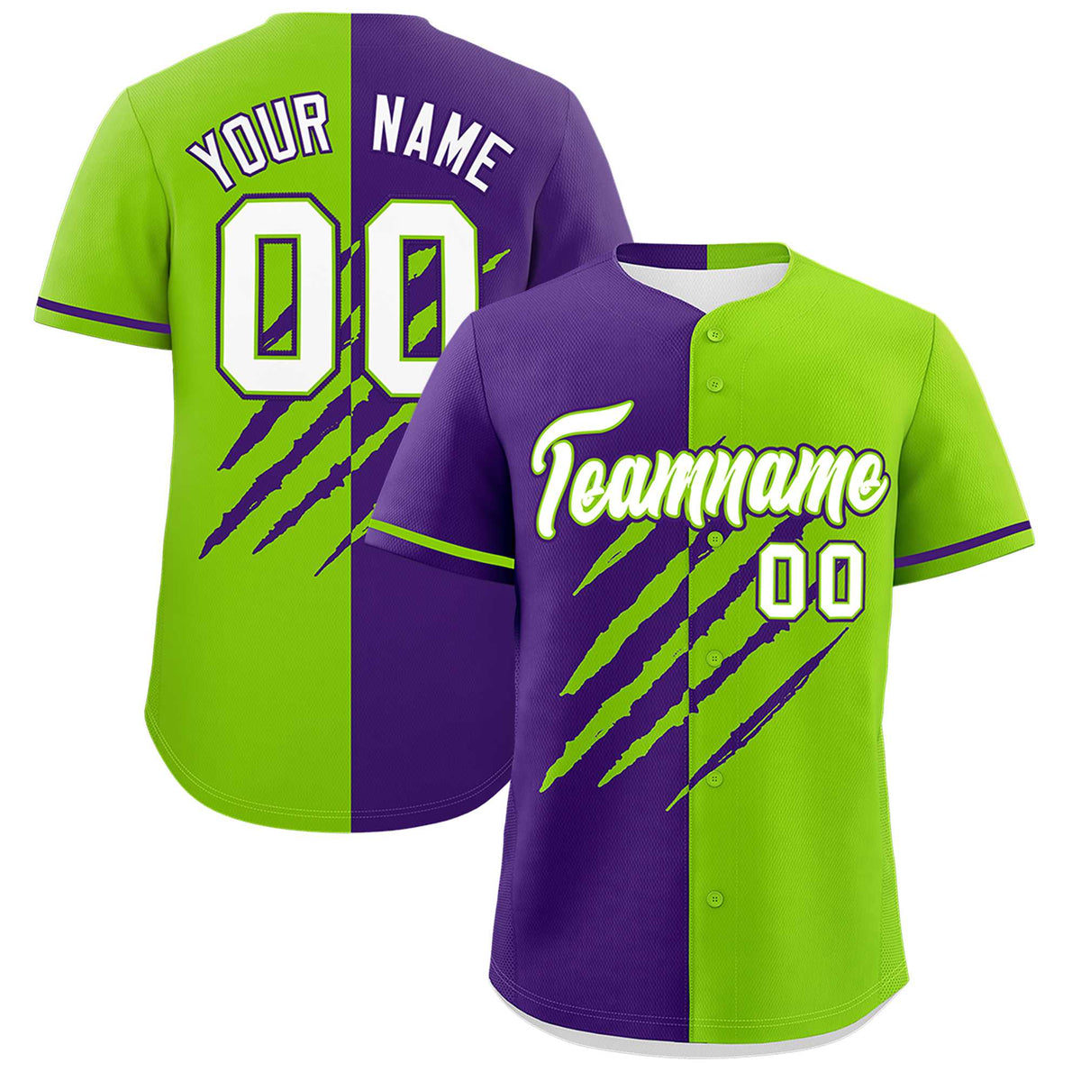 Custom Purple Neon Green Split Tiger Claw Scratch Pattern Baseball Jersey