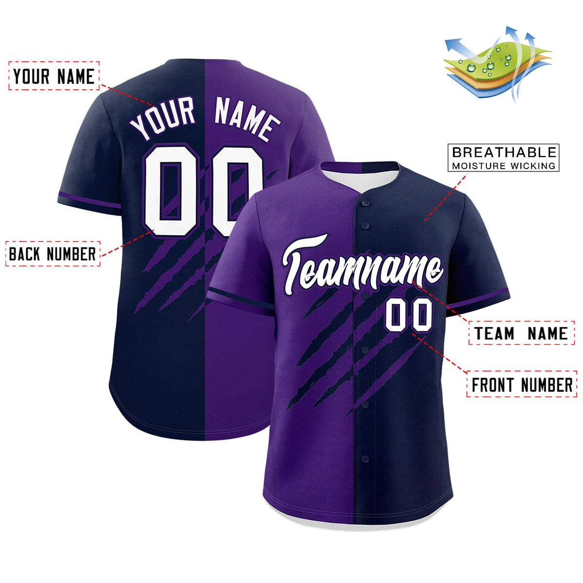 Custom Purple Navy Split Tiger Claw Scratch Pattern Baseball Jersey