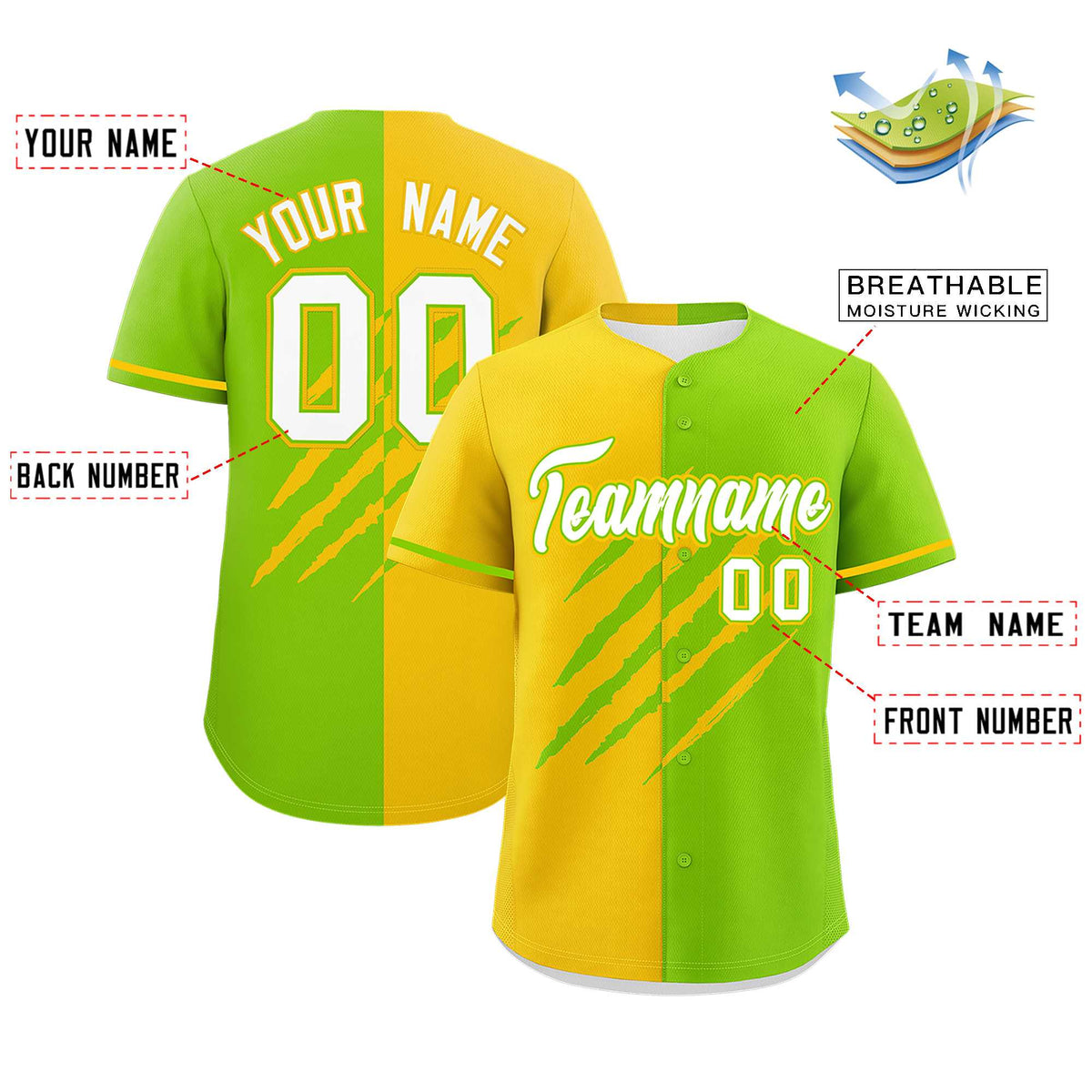 Custom Gold Neon Green Split Tiger Claw Scratch Pattern Baseball Jersey
