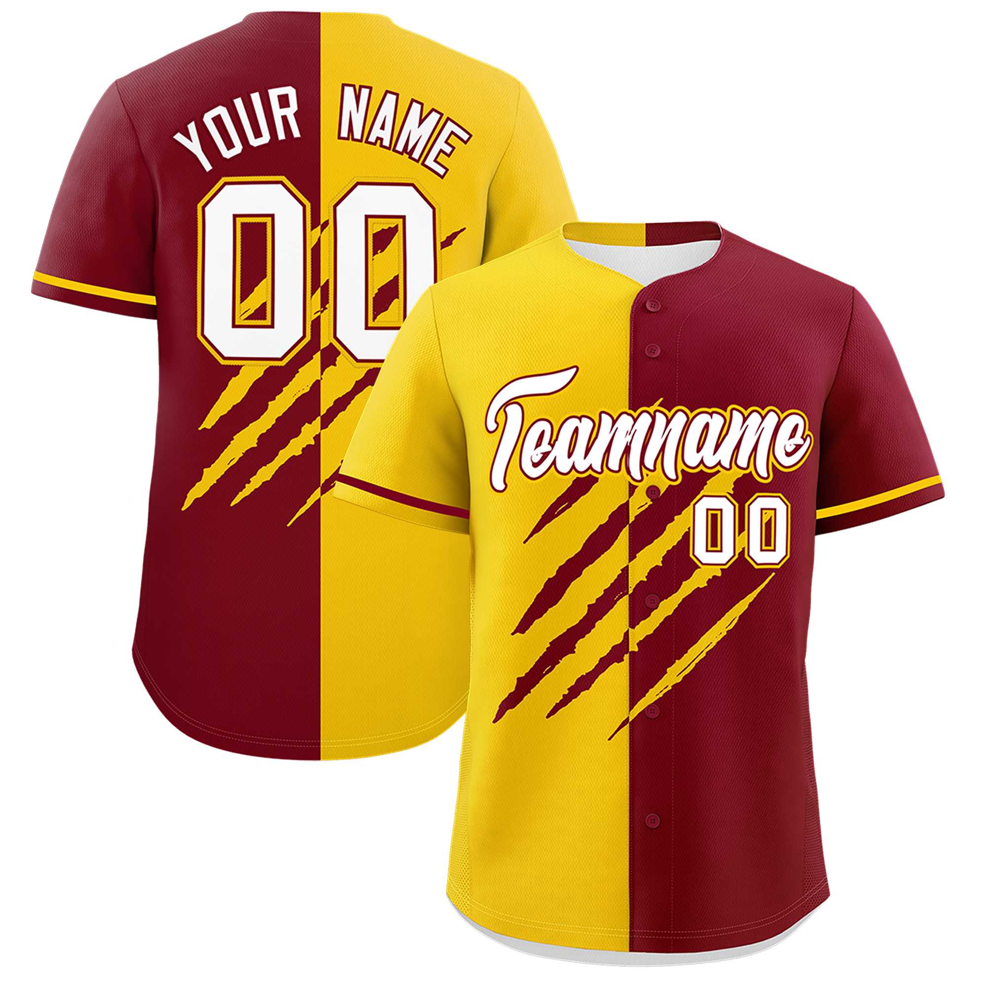 Custom Gold Crimson Split Tiger Claw Scratch Pattern Baseball Jersey
