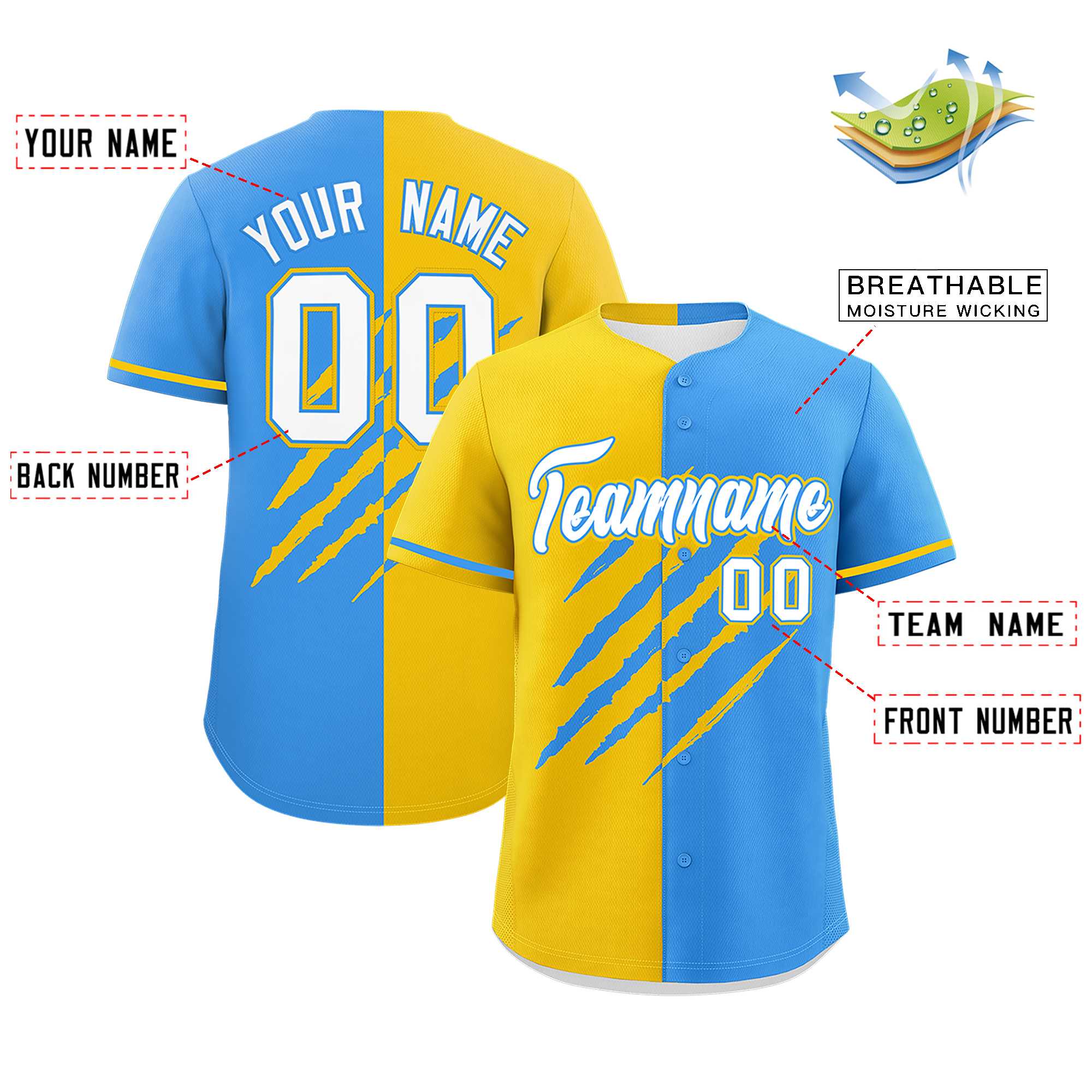 Custom Gold Powder Blue Split Tiger Claw Scratch Pattern Baseball Jersey
