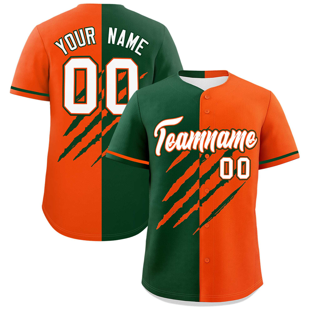 Custom Green Orange Split Tiger Claw Scratch Pattern Baseball Jersey