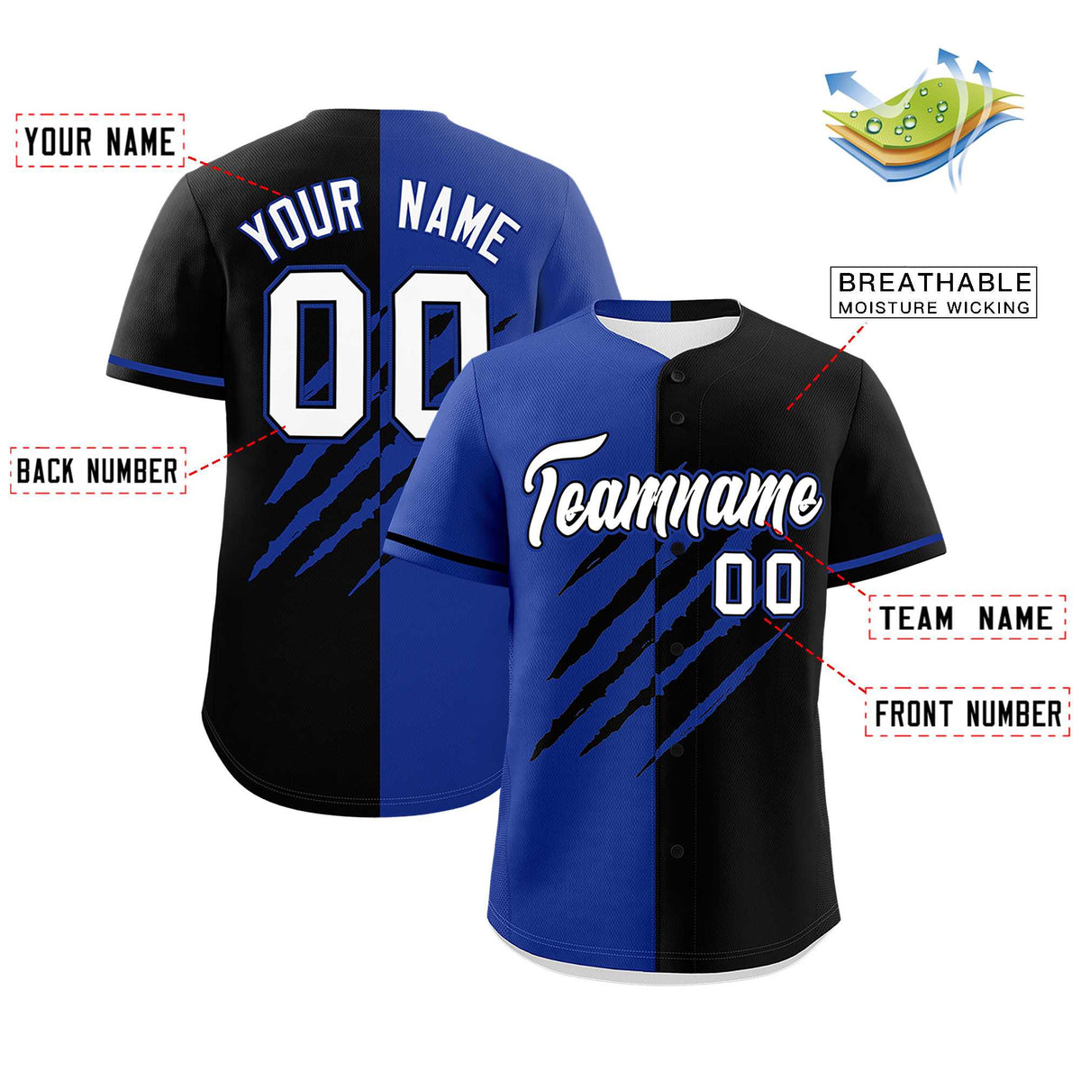 Custom Royal Blue Black Split Tiger Claw Scratch Pattern Baseball Jersey