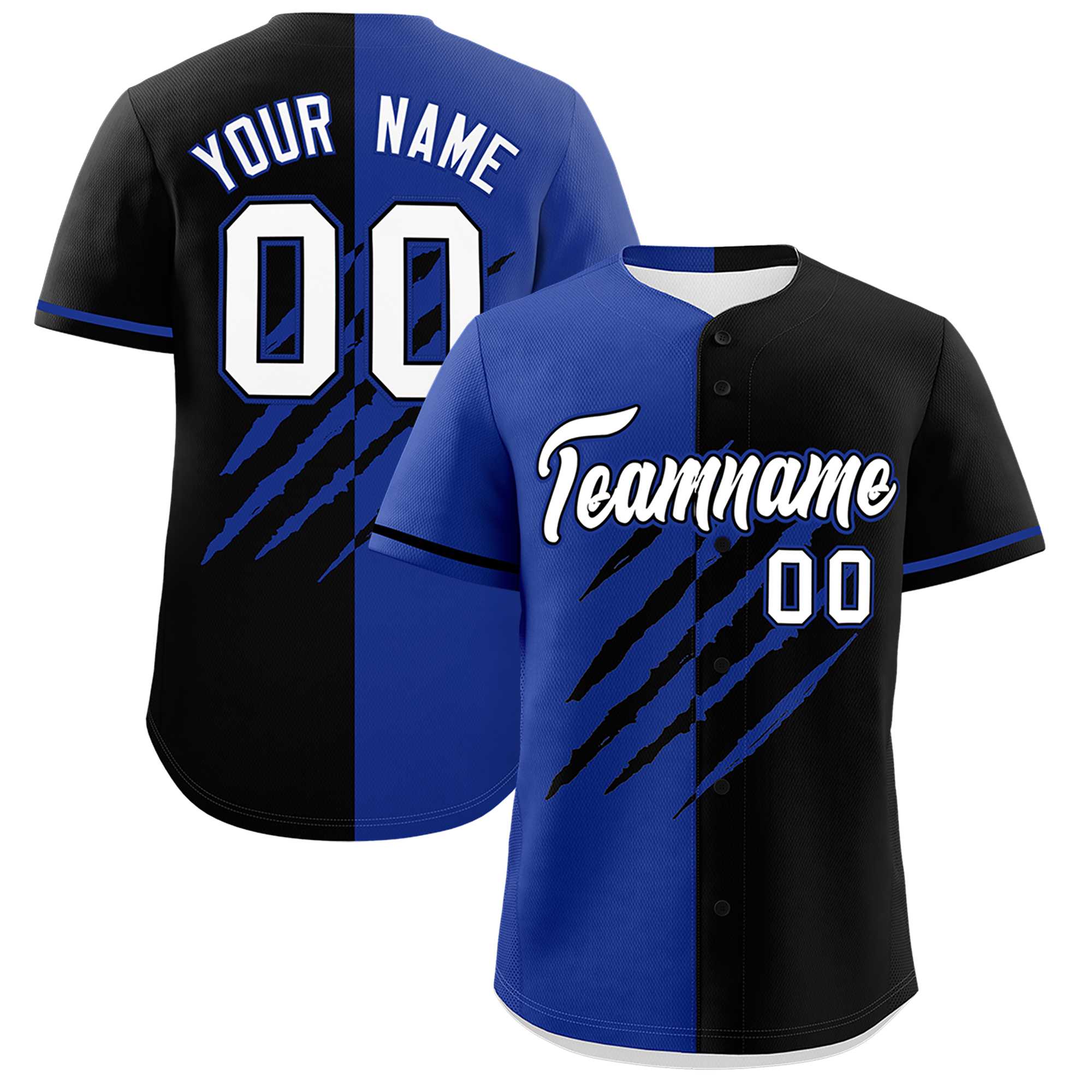 Custom Royal Blue Black Split Tiger Claw Scratch Pattern Baseball Jersey