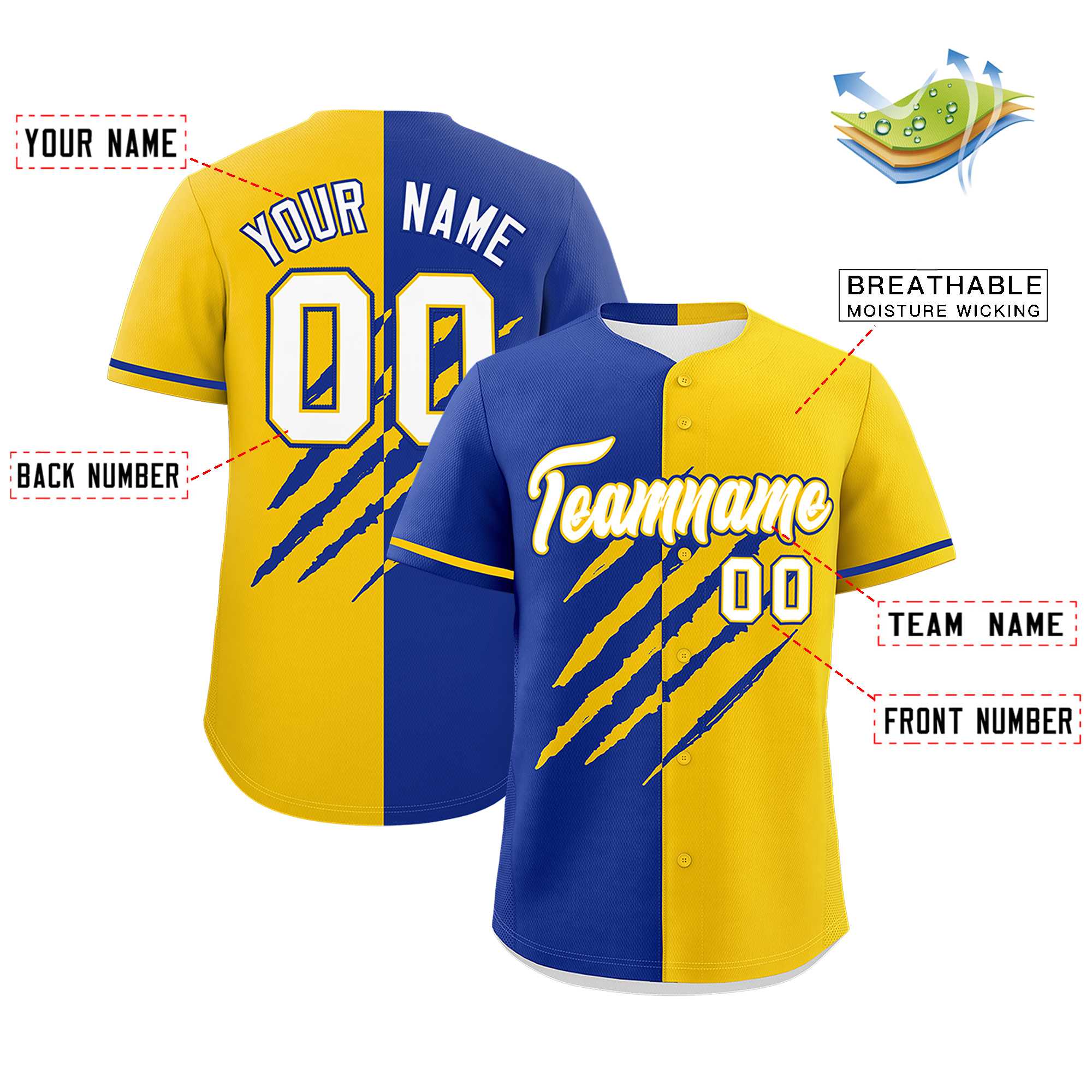 Custom Royal Blue Gold Split Tiger Claw Scratch Pattern Baseball Jersey