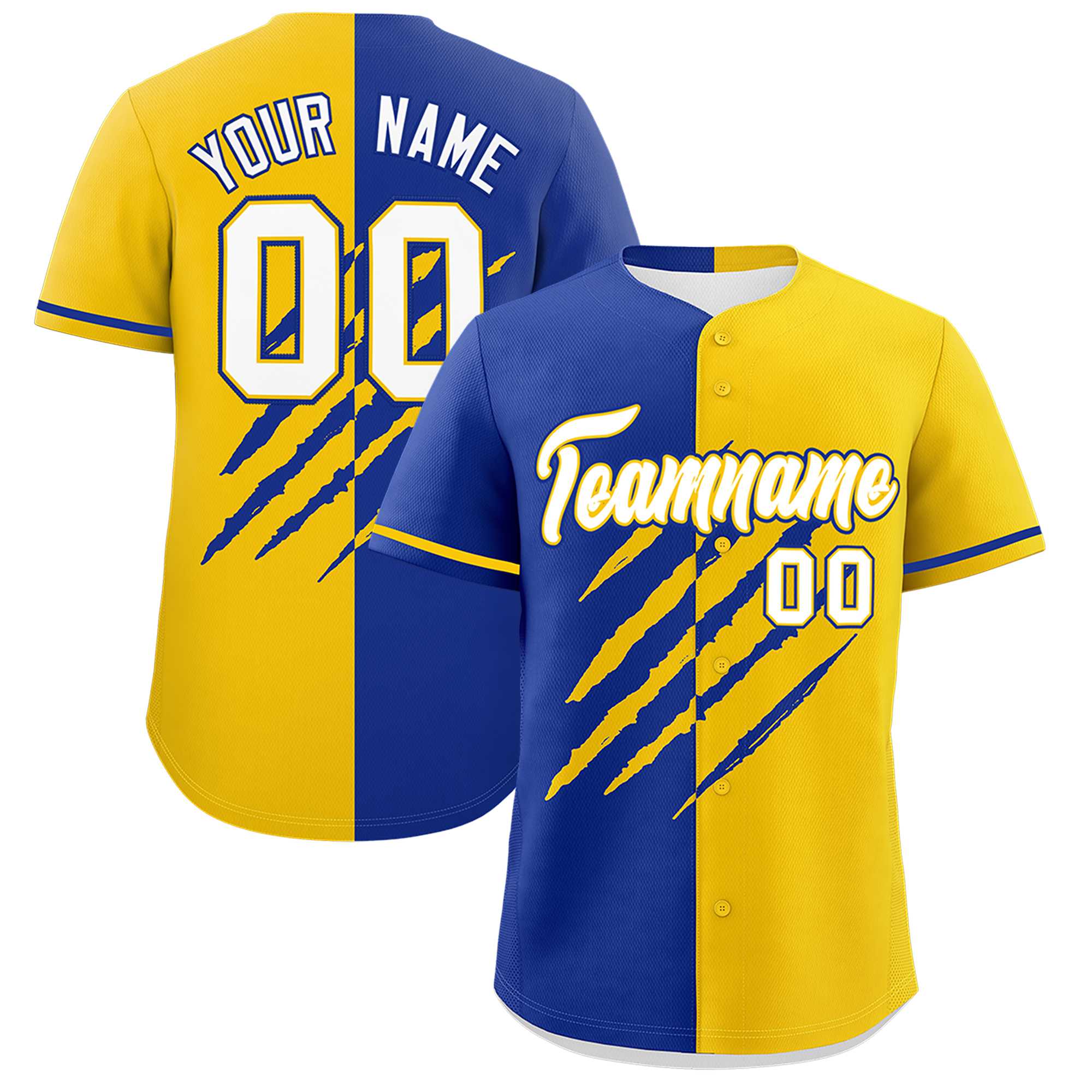 Custom Royal Blue Gold Split Tiger Claw Scratch Pattern Baseball Jersey