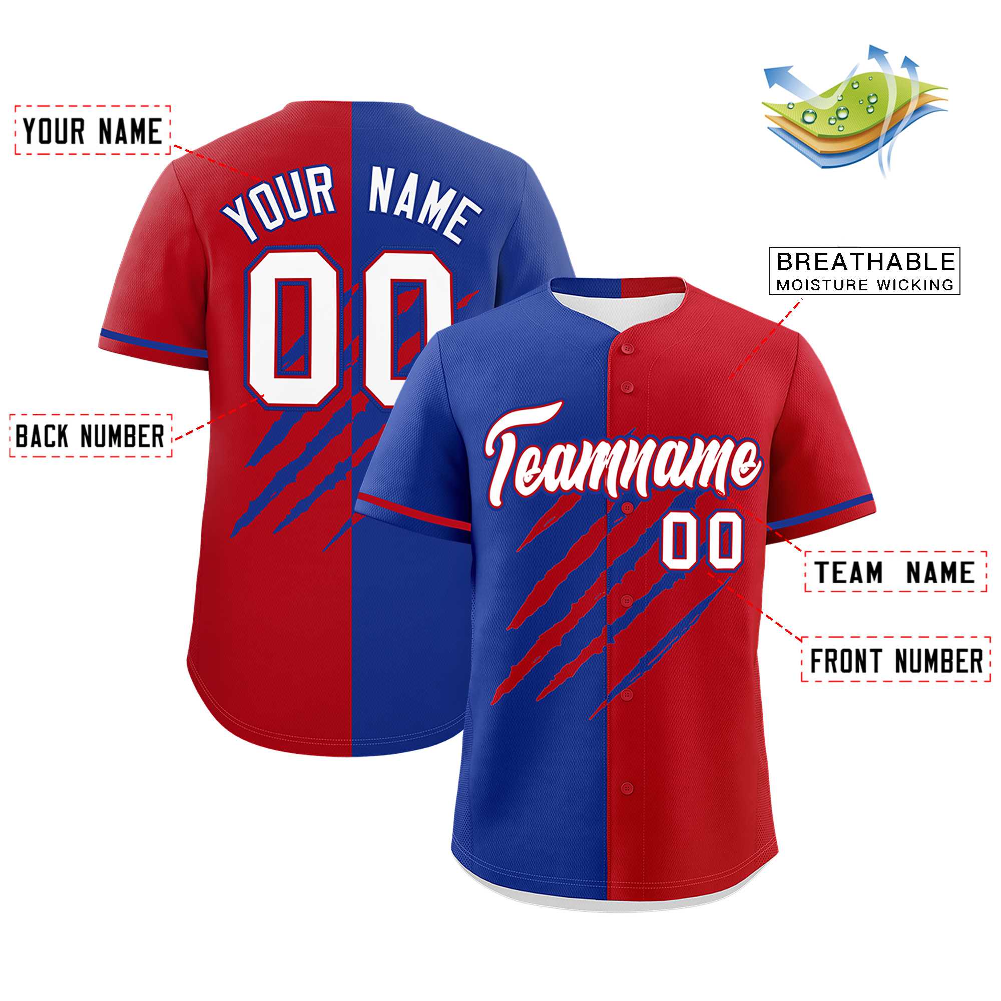 Custom Royal Blue Red Split Tiger Claw Scratch Pattern Baseball Jersey