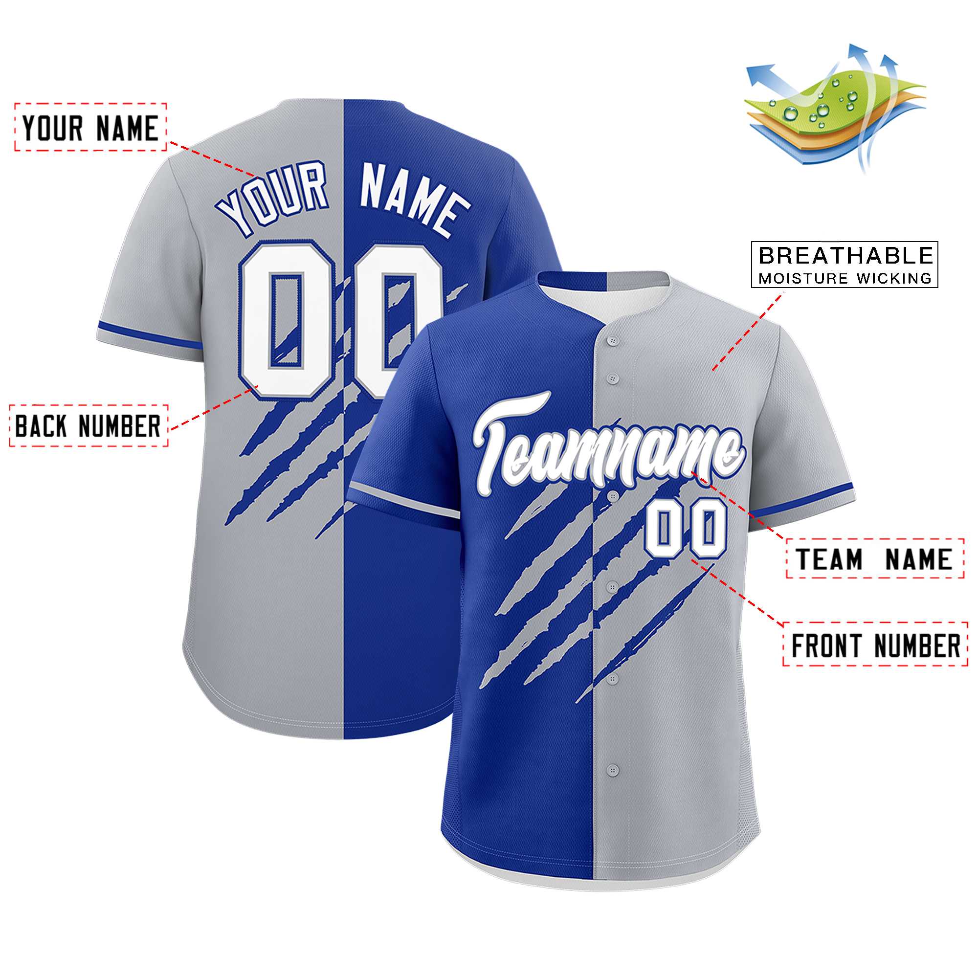 Custom Royal Blue Gray Split Tiger Claw Scratch Pattern Baseball Jersey