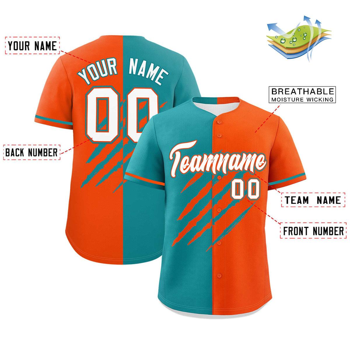 Custom Aqua Orange Split Tiger Claw Scratch Pattern Baseball Jersey