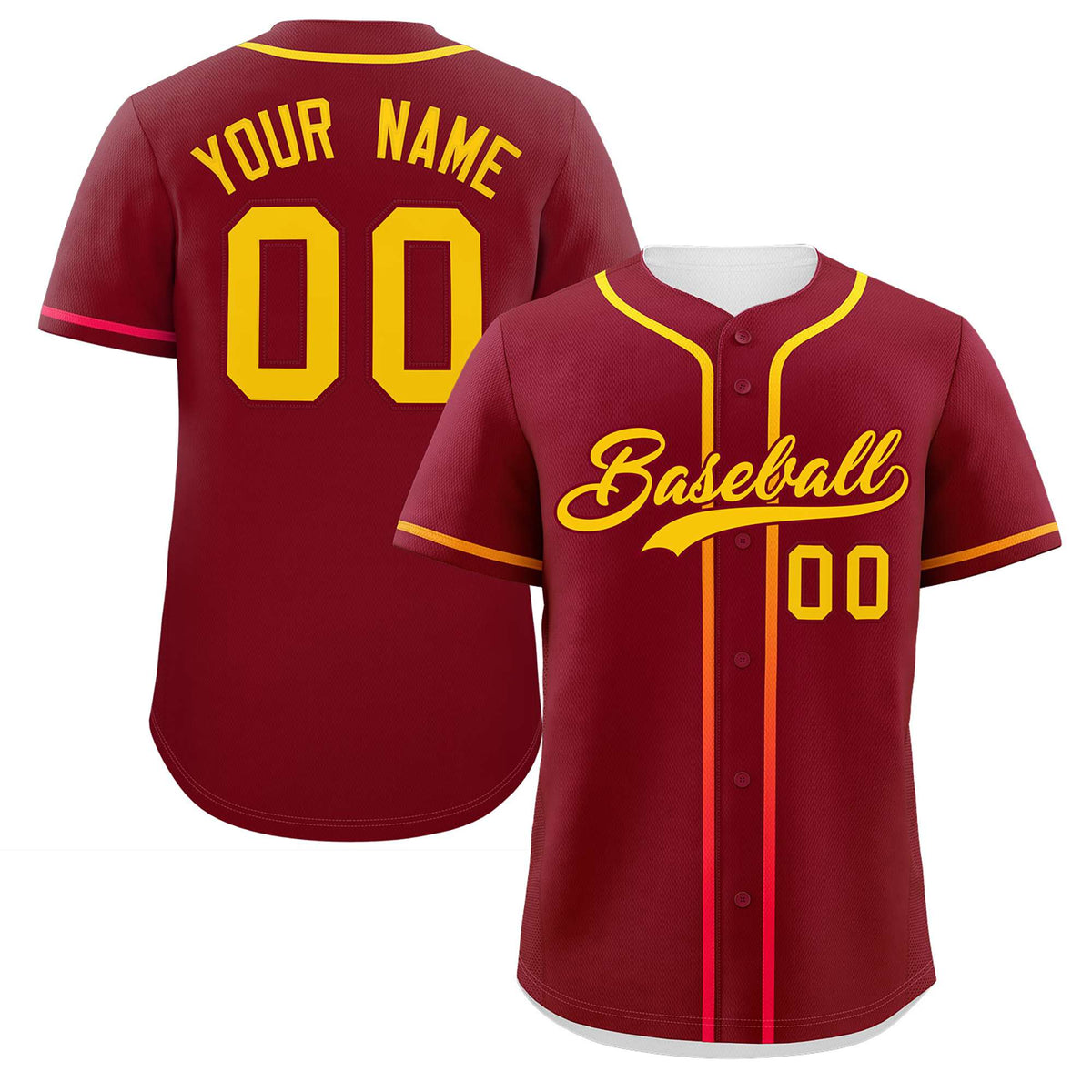 Custom Crimson Gold Personalized Gradient Ribbed Design Authentic Baseball Jersey