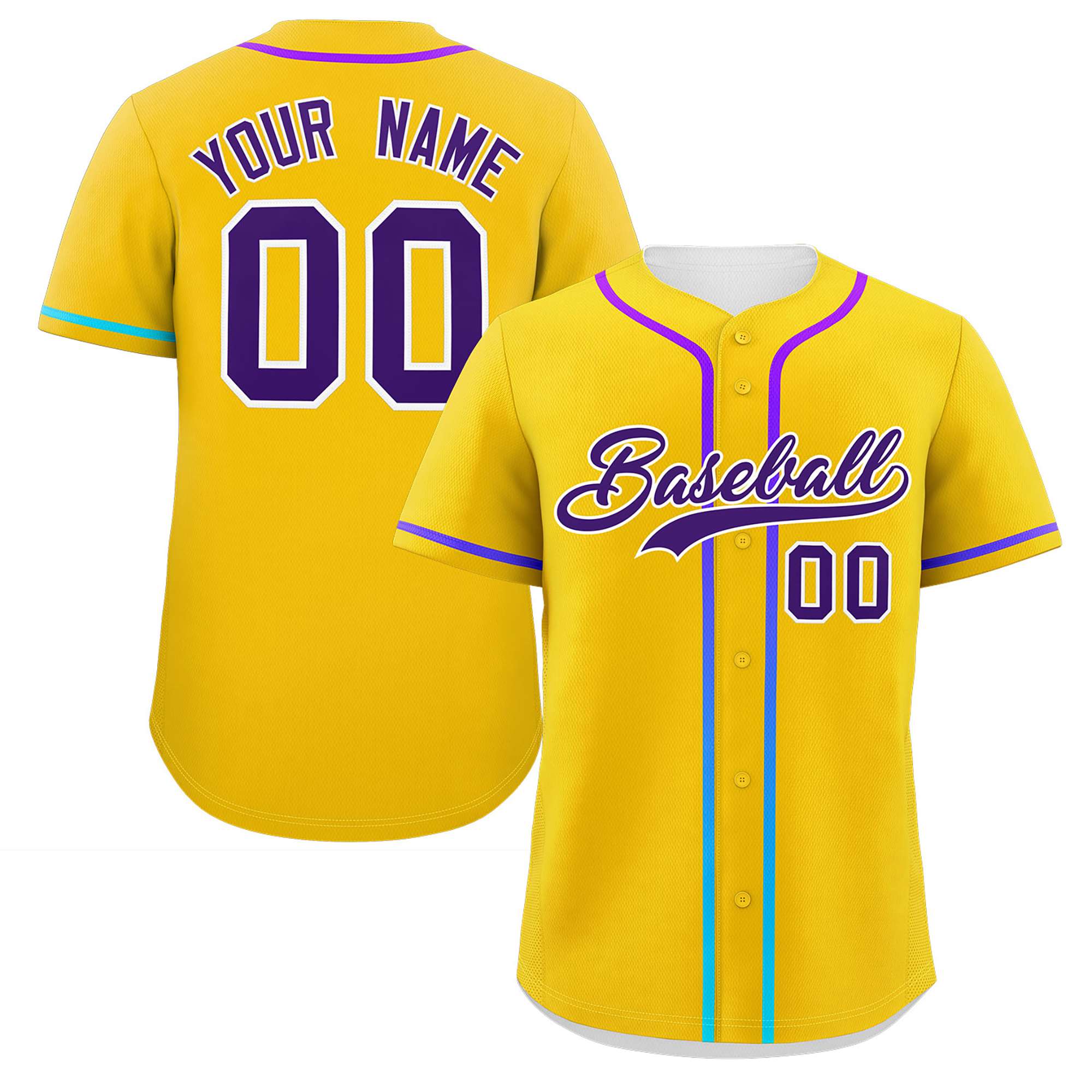 Custom Gold Purple Personalized Gradient Ribbed Design Authentic Baseball Jersey