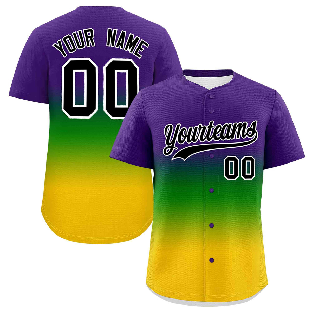 Custom Purple Kelly Green Gold Personalization Gradient Mardi Gras Authentic Baseball Jersey| KXKSHOP