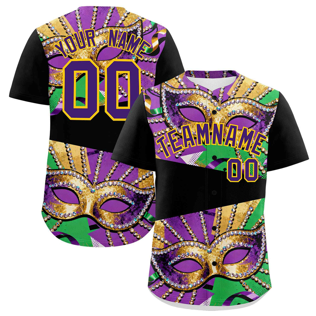 Custom Black Gold Purple Personalization Mardi Gras Authentic Baseball Jersey| KXKSHOP