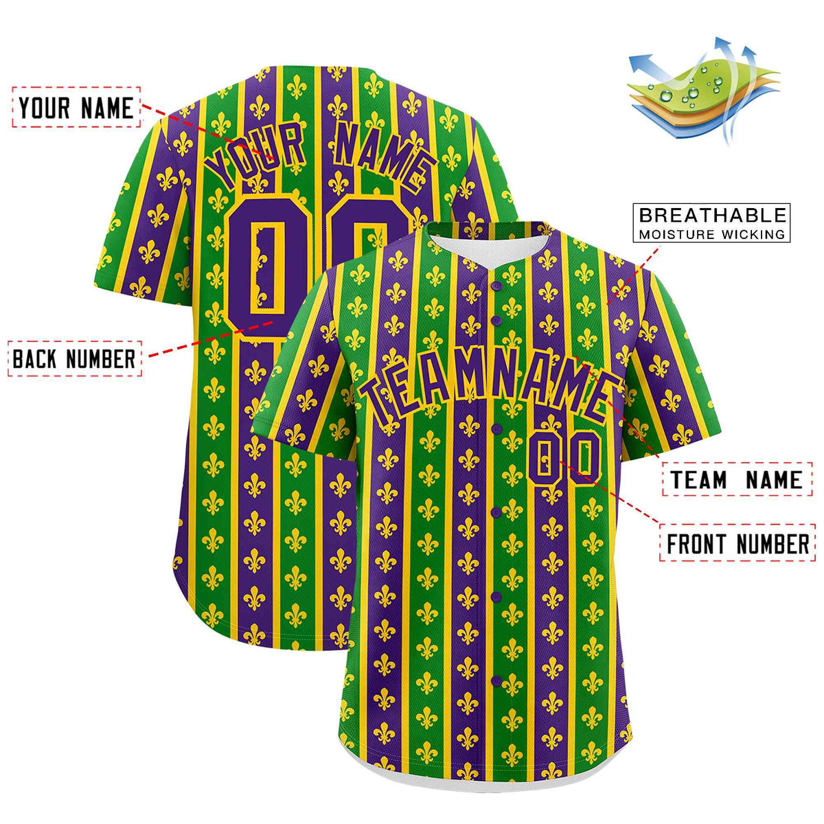 Custom Purple Kelly Green Gold Personalization Stripe Mardi Gras Authentic Baseball Jersey| KXKSHOP