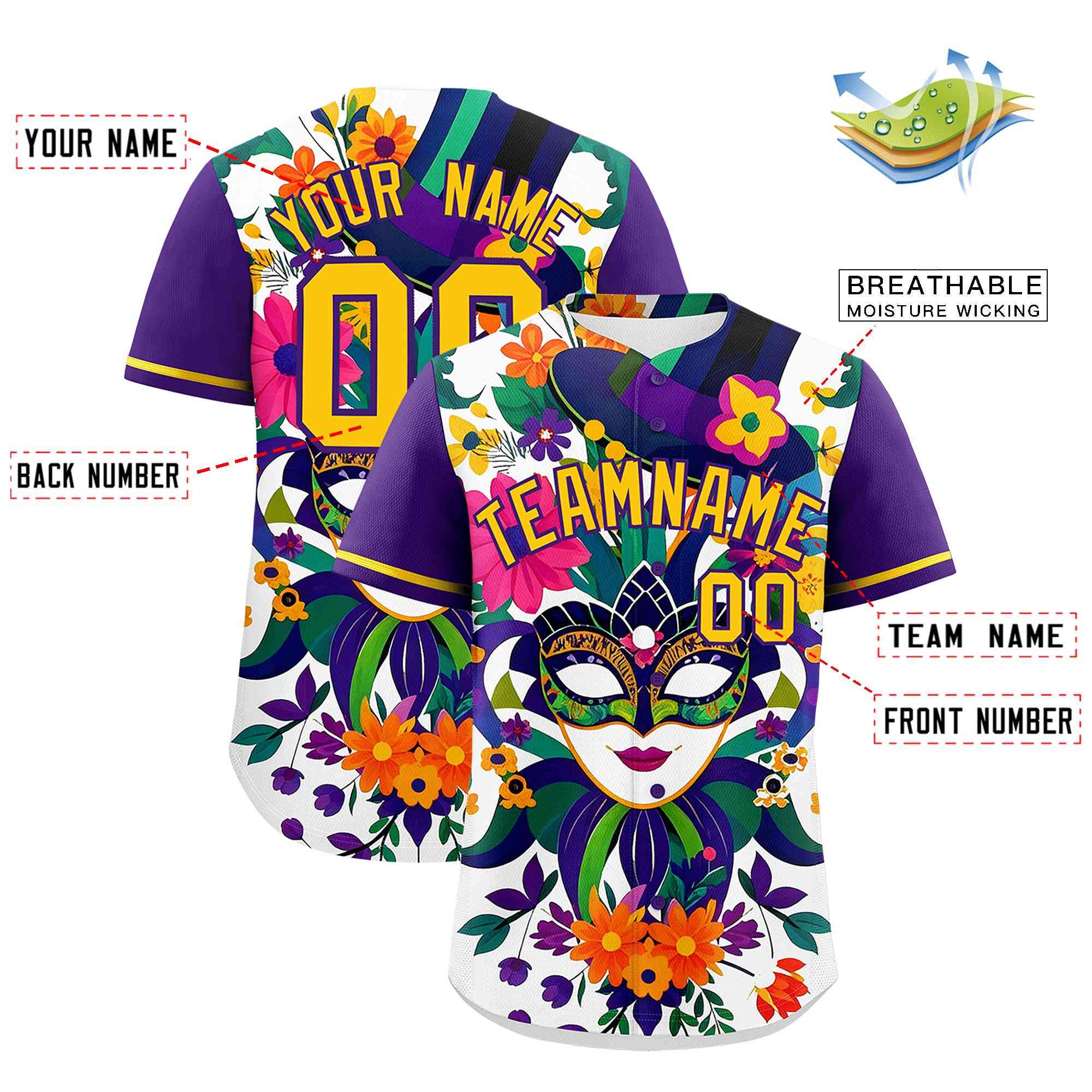 Custom White Purple Personalization Mardi Gras Authentic Baseball Jersey| KXKSHOP