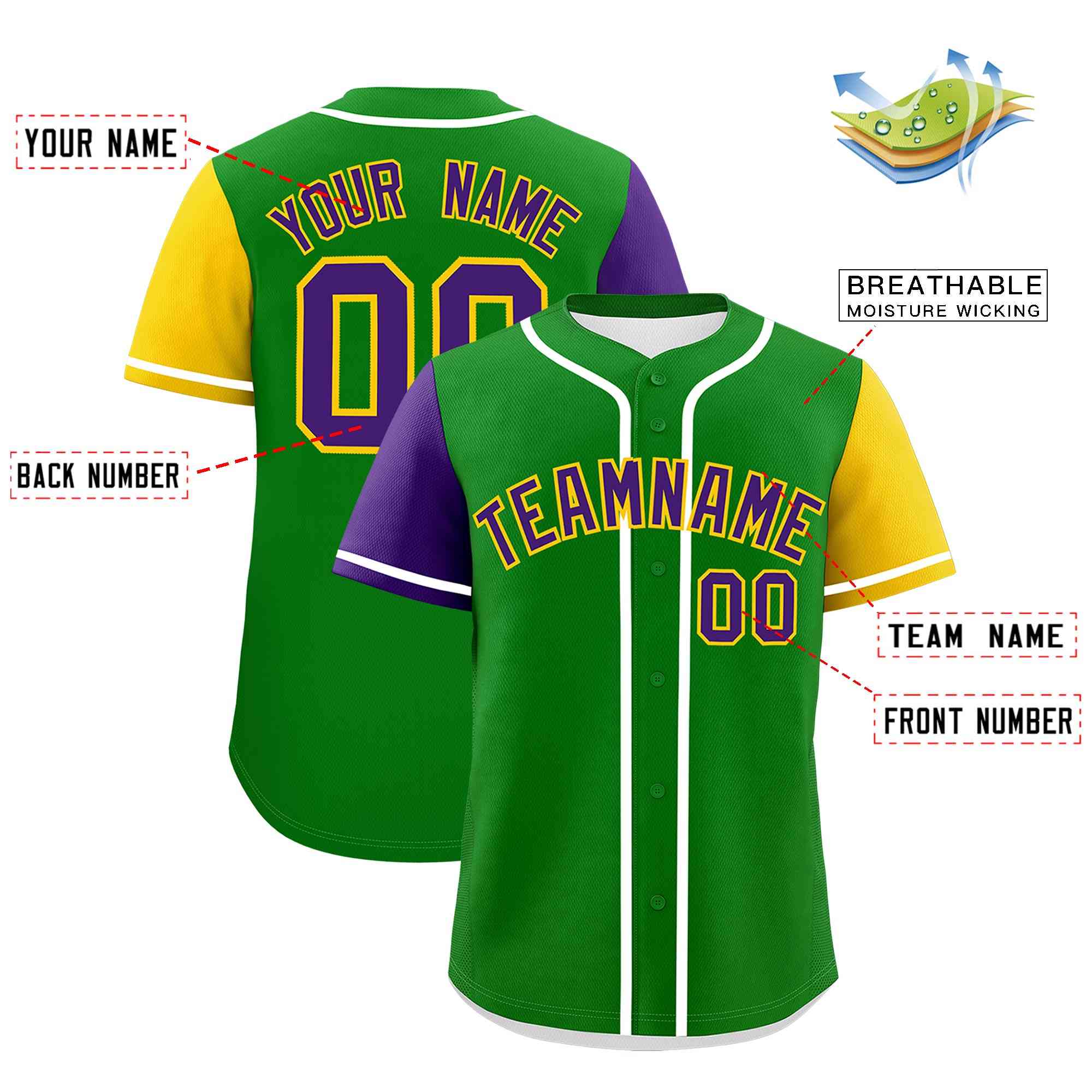 Custom Kelly Green Purple Personalization Mardi Gras Authentic Baseball Jersey| KXKSHOP