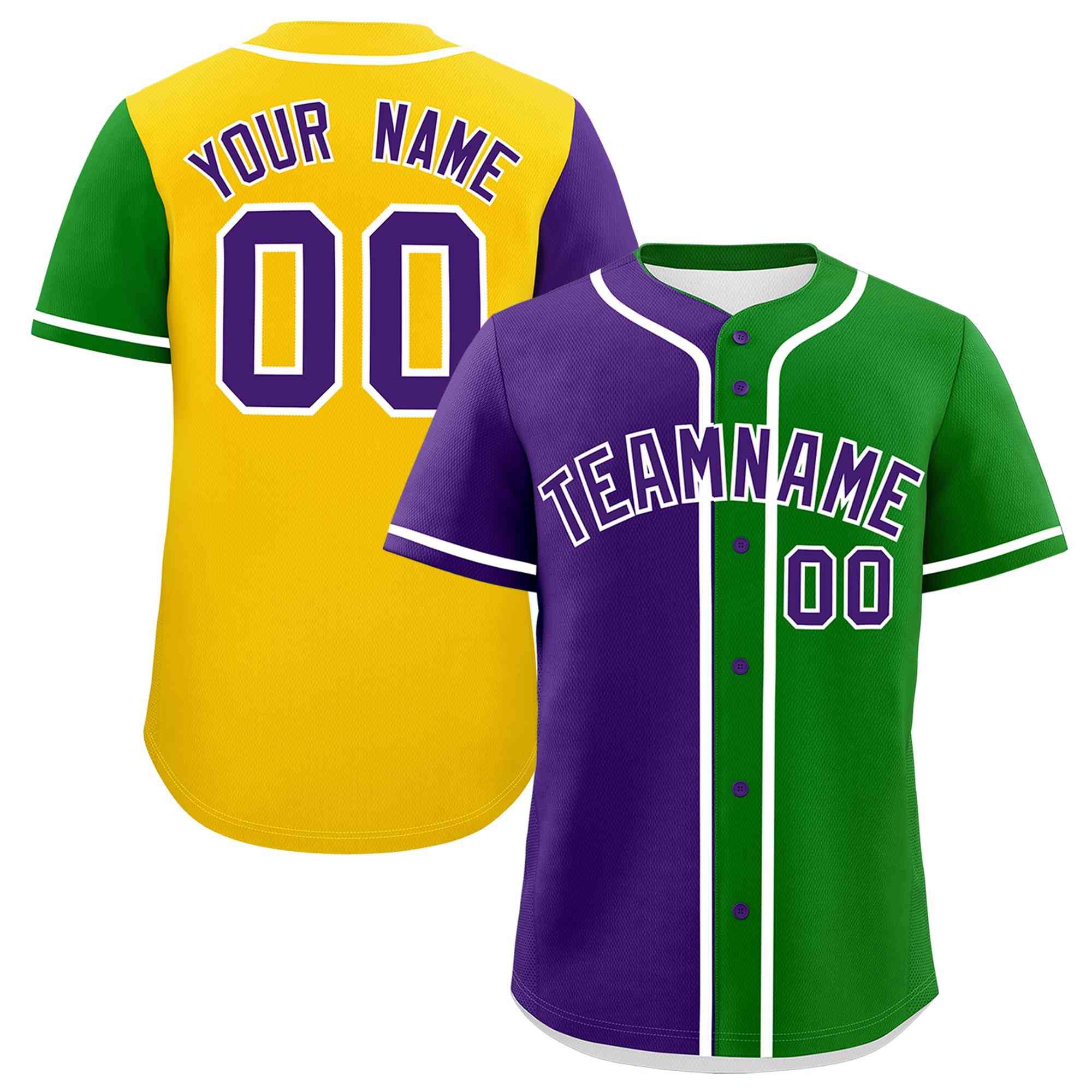 Custom Purple Kelly Green Gold Personalization Split Mardi Gras Authentic Baseball Jersey| KXKSHOP