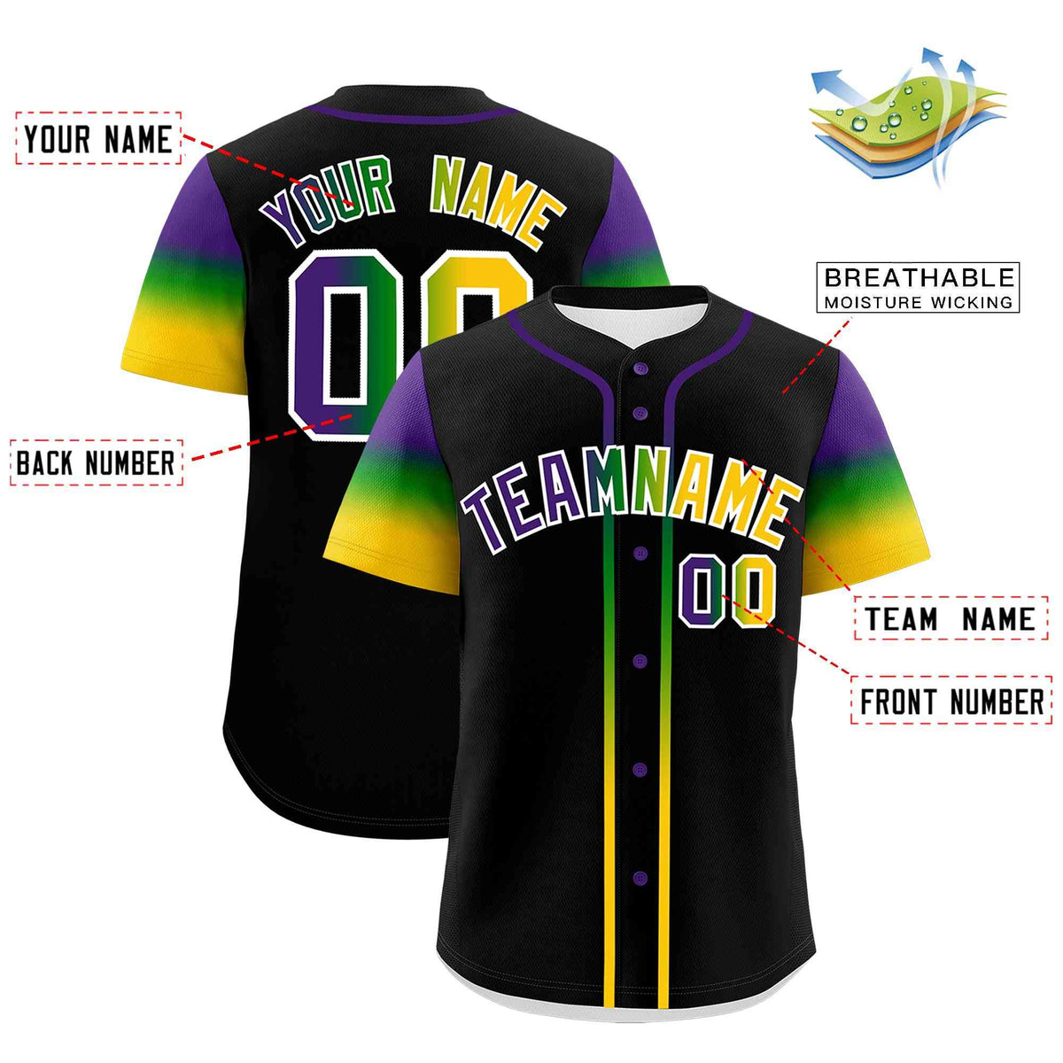 Custom Black Purple Kelly Green Gold Personalization Gradient Mardi Gras Authentic Baseball Jersey| KXKSHOP