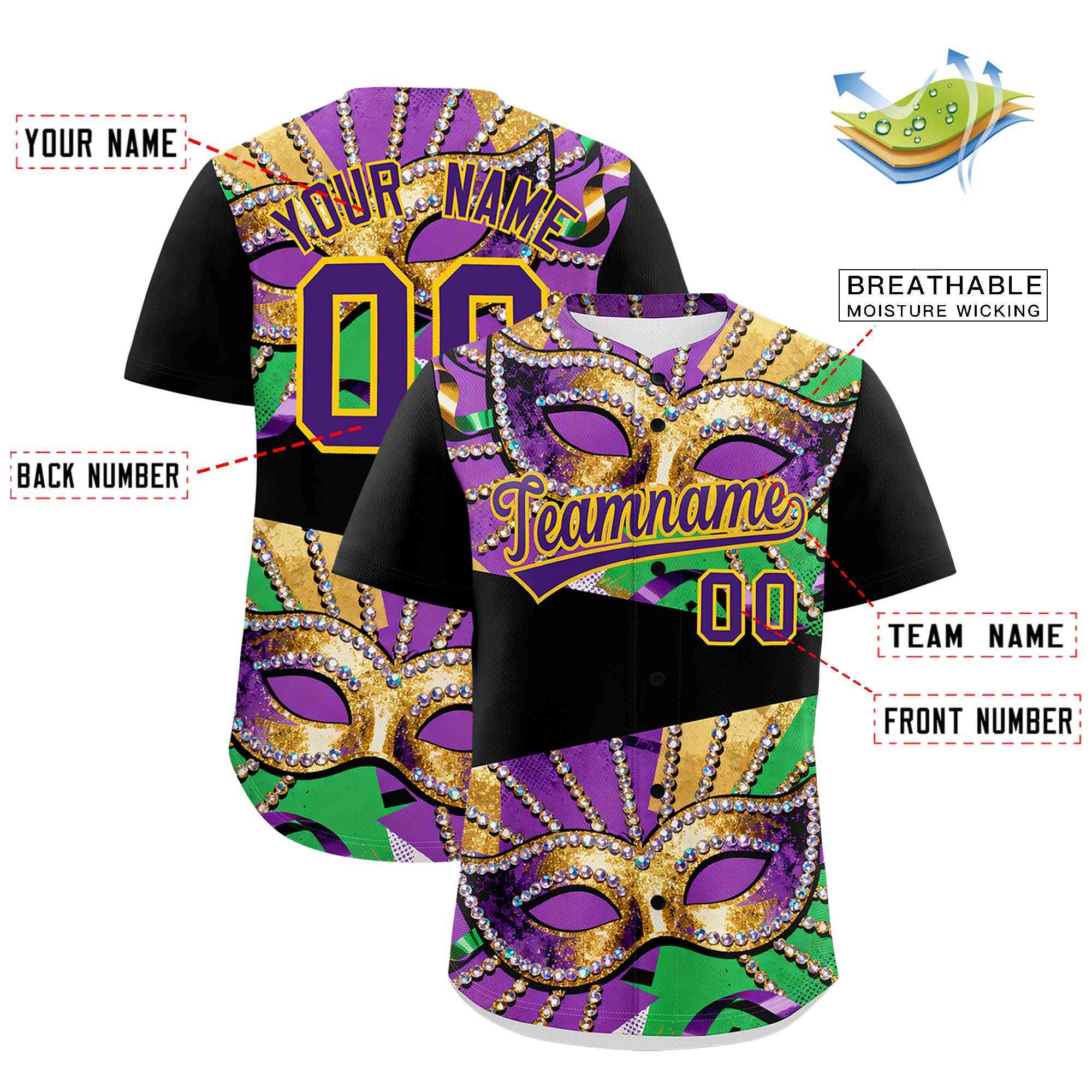 Custom Black Gold Purple Personalization Mardi Gras Authentic Baseball Jersey| KXKSHOP