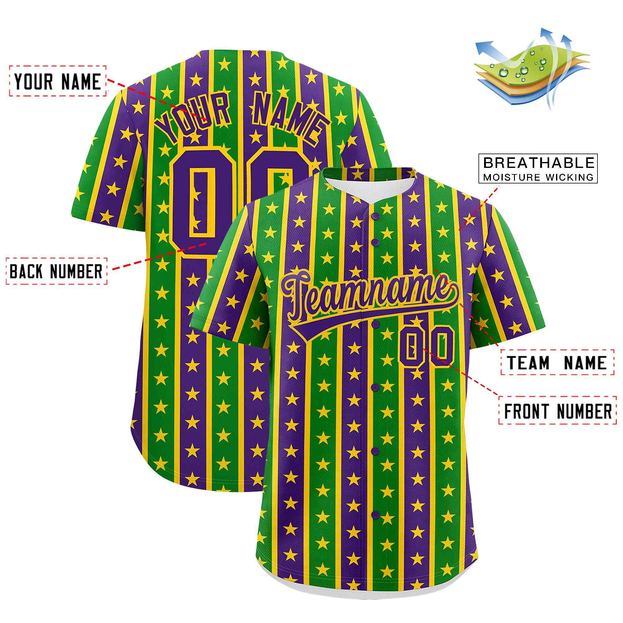 Custom Purple Kelly Green Gold Stripe Personalization Mardi Gras Authentic Baseball Jersey| KXKSHOP