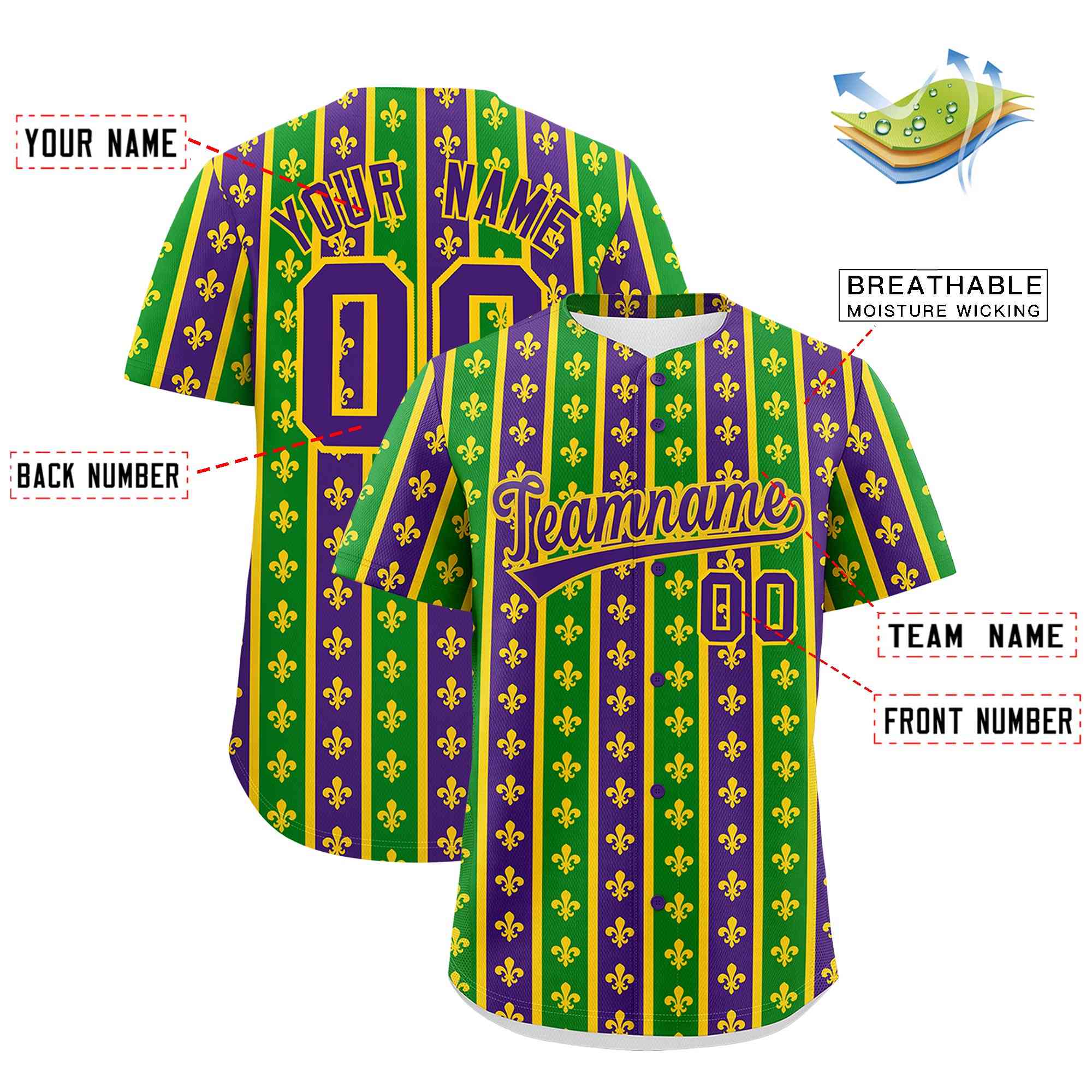 Custom Purple Kelly Green Gold Personalization Stripe Mardi Gras Authentic Baseball Jersey| KXKSHOP