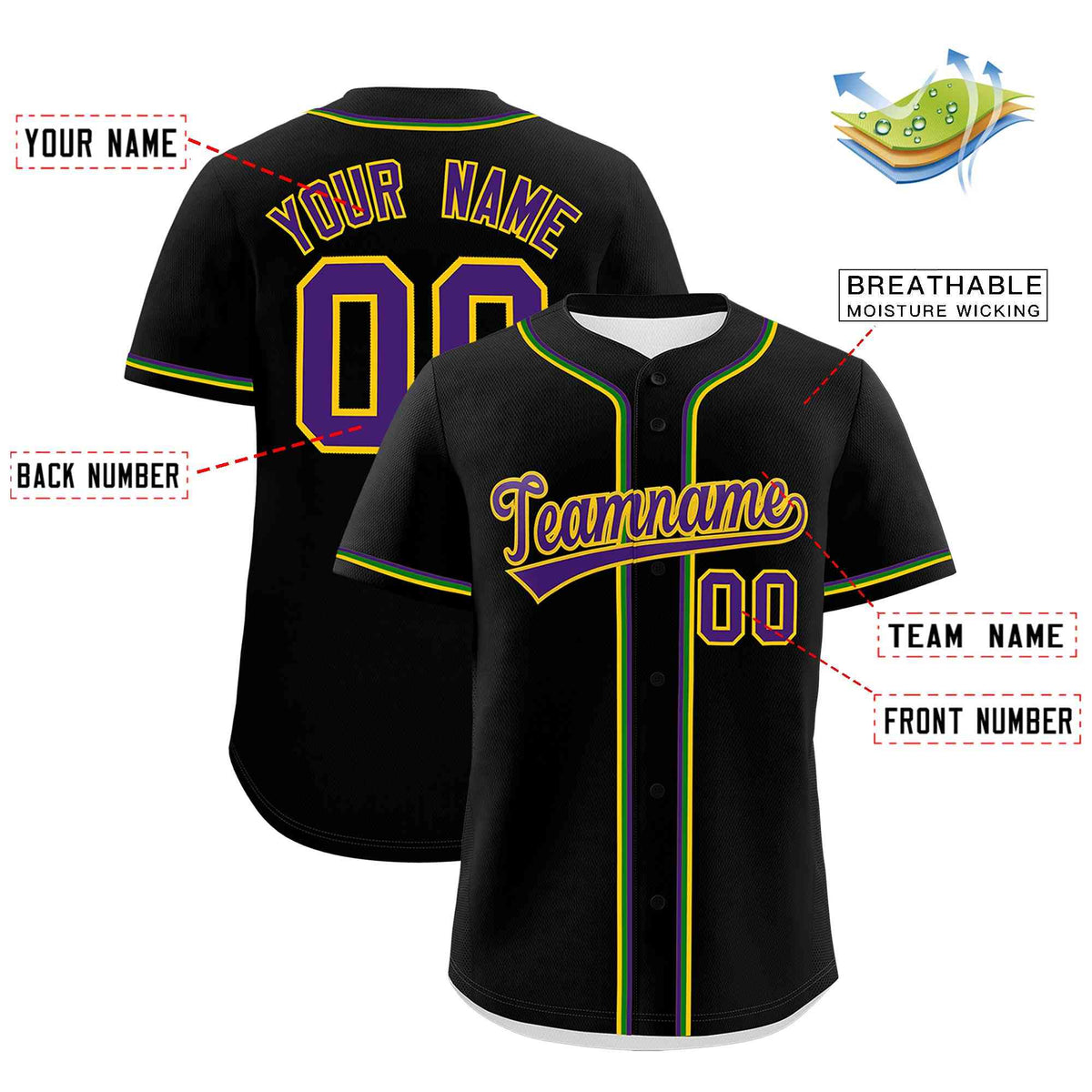 Custom Black Purple Gold Kelly Green Personalization Mardi Gras Authentic Baseball Jersey| KXKSHOP