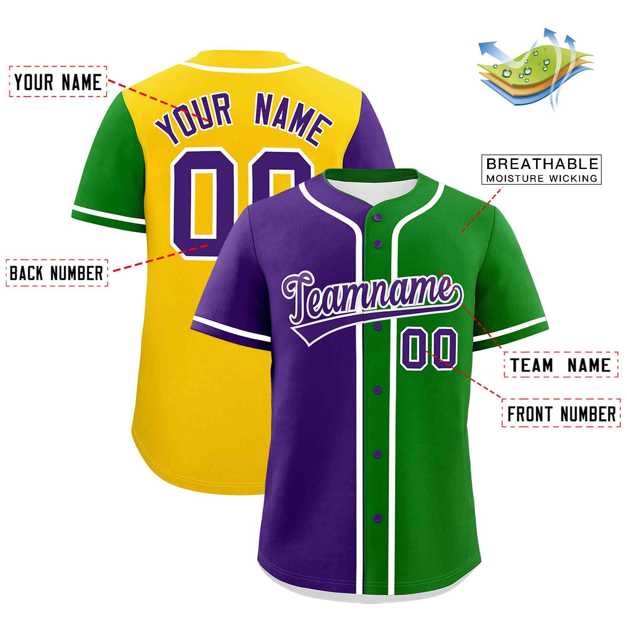 Custom Purple Kelly Green Gold Personalization Split Mardi Gras Authentic Baseball Jersey| KXKSHOP
