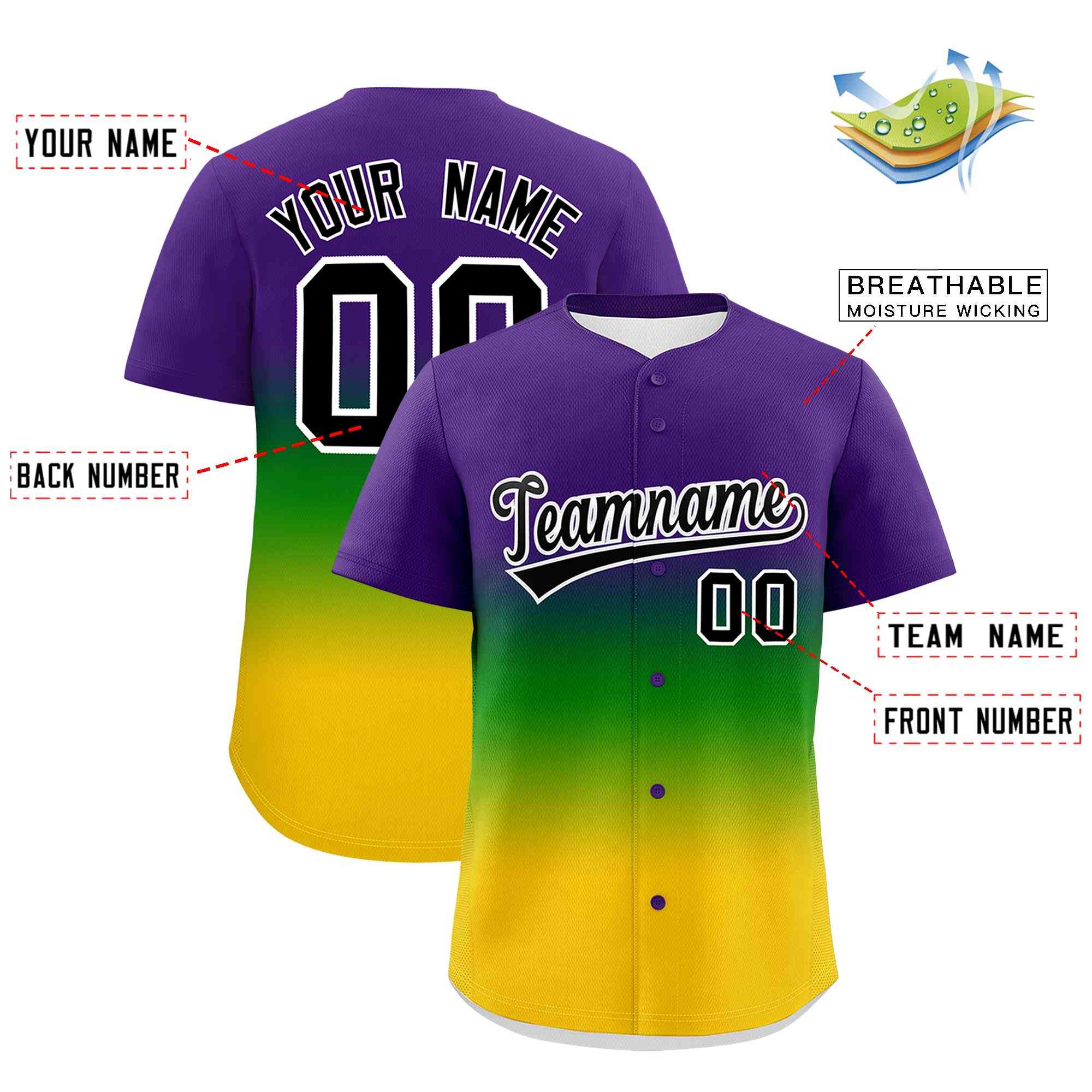 Custom Purple Kelly Green Gold Personalization Gradient Mardi Gras Authentic Baseball Jersey| KXKSHOP