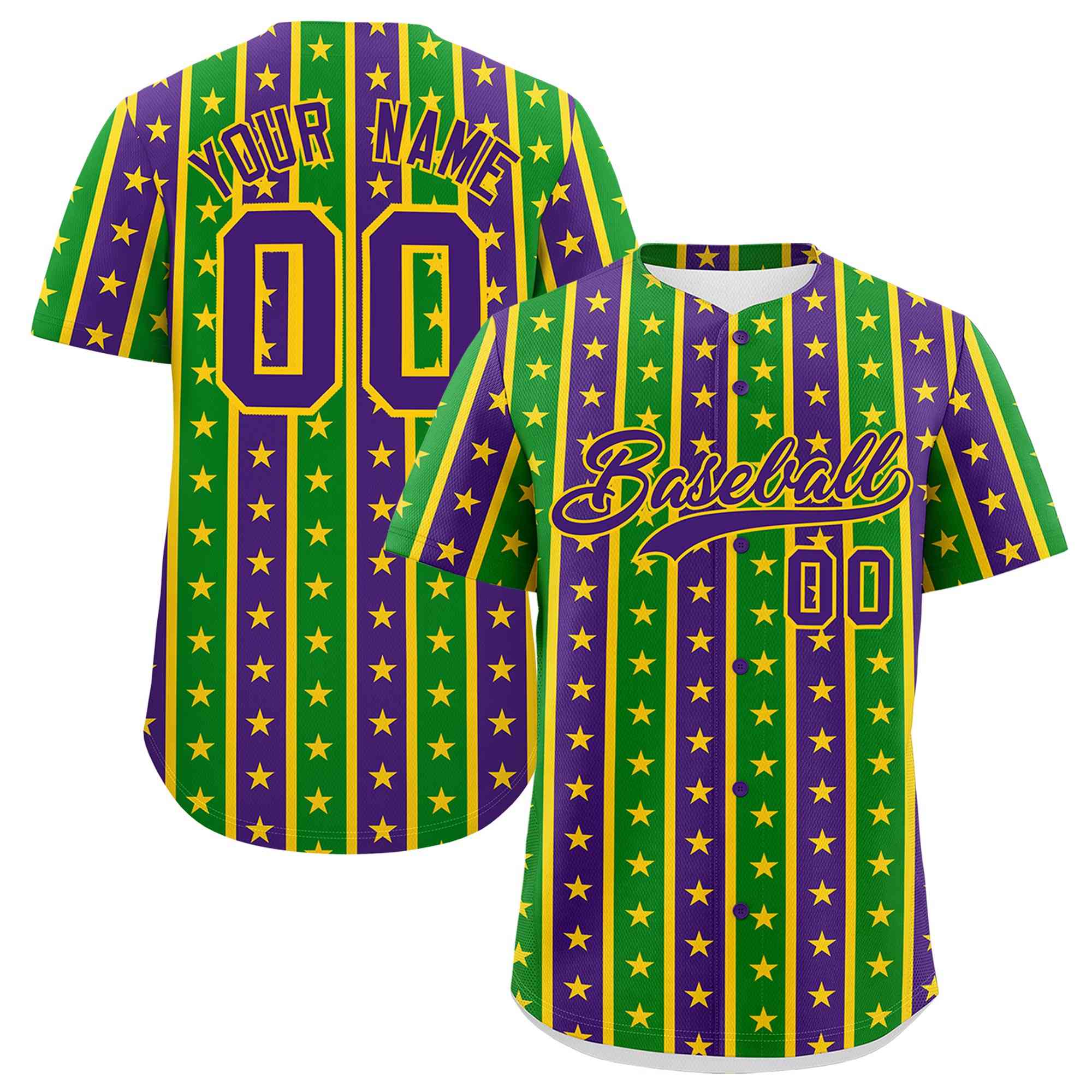 Custom Purple Kelly Green Gold Stripe Personalization Mardi Gras Authentic Baseball Jersey| KXKSHOP