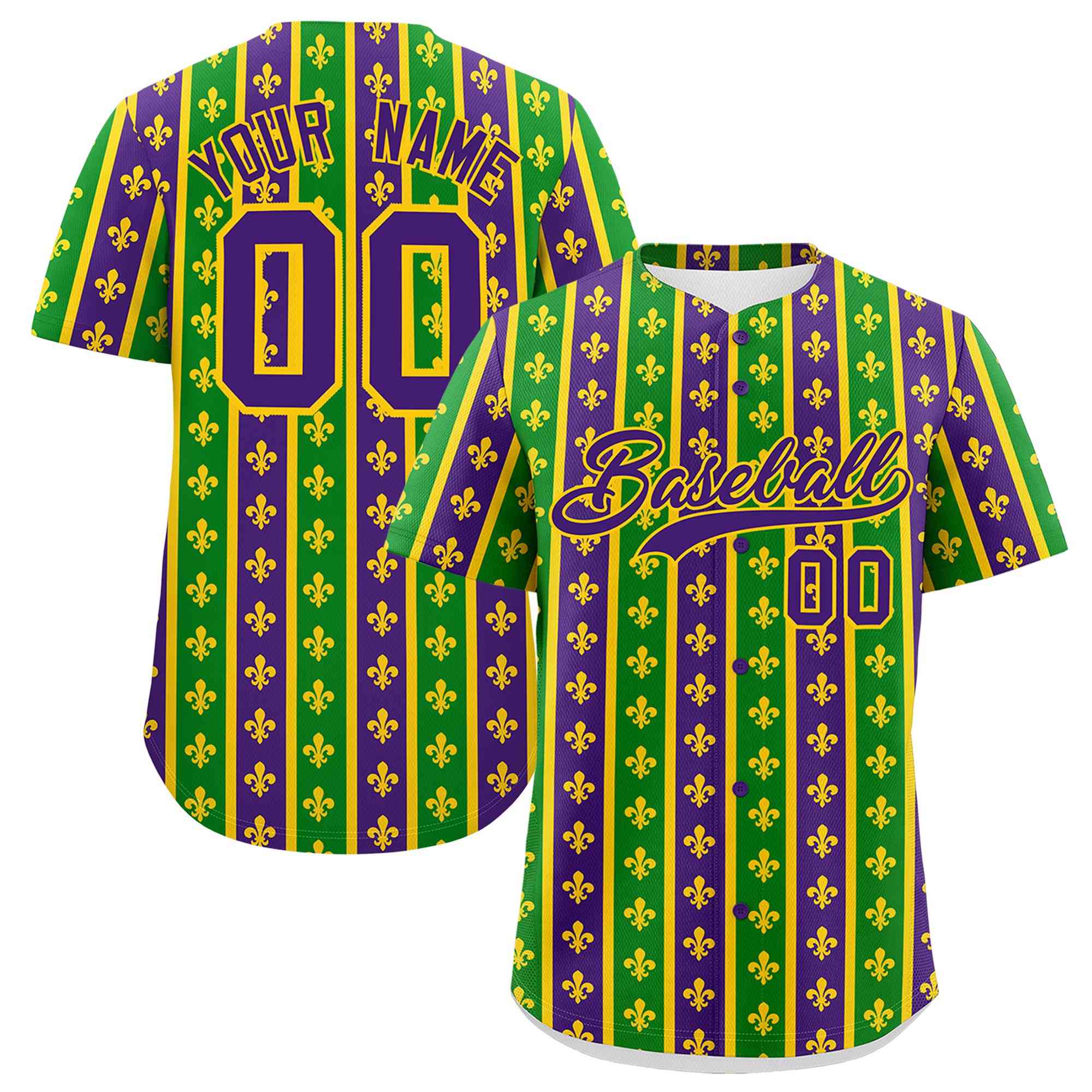 Custom Purple Kelly Green Gold Personalization Stripe Mardi Gras Authentic Baseball Jersey| KXKSHOP