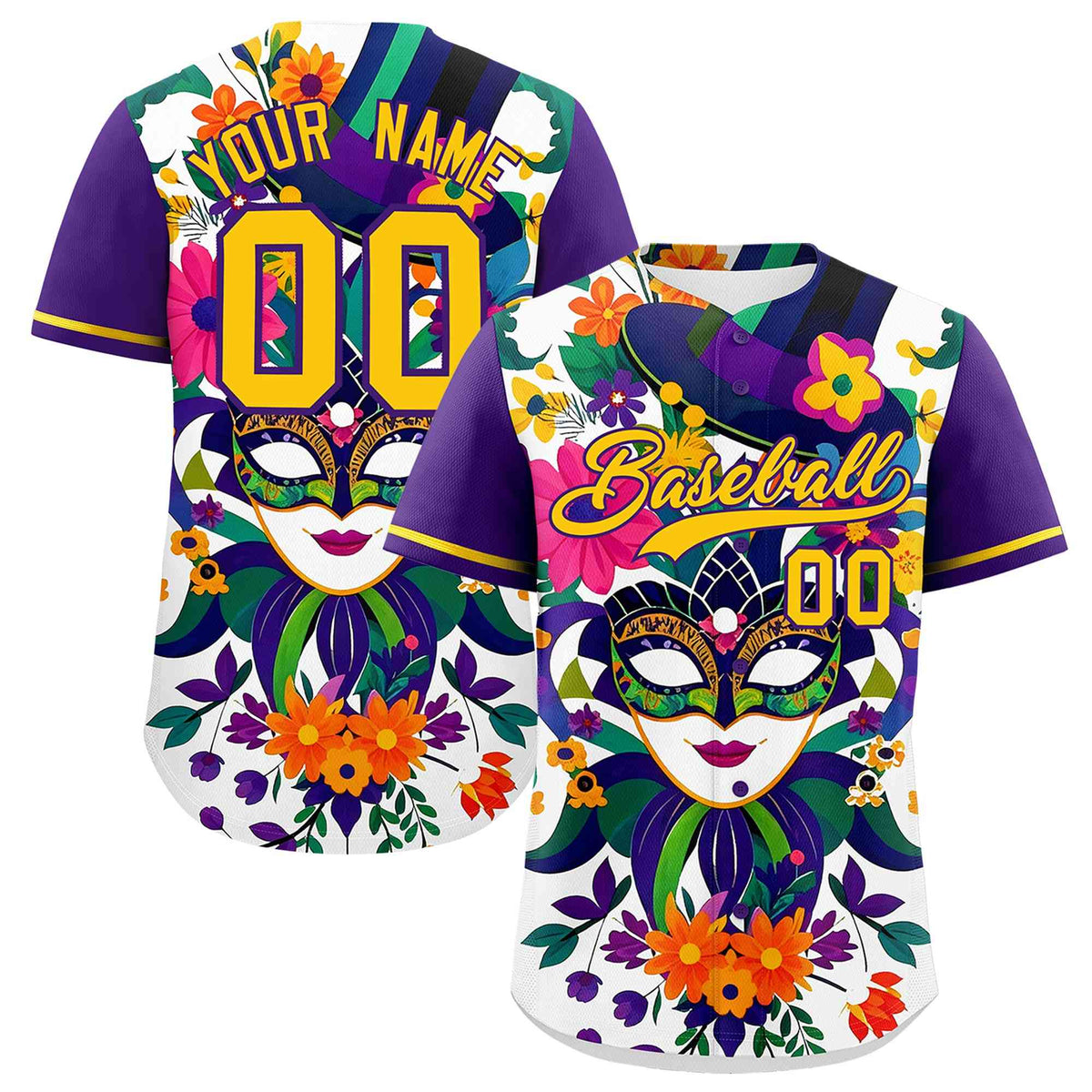 Custom White Purple Personalization Mardi Gras Authentic Baseball Jersey| KXKSHOP