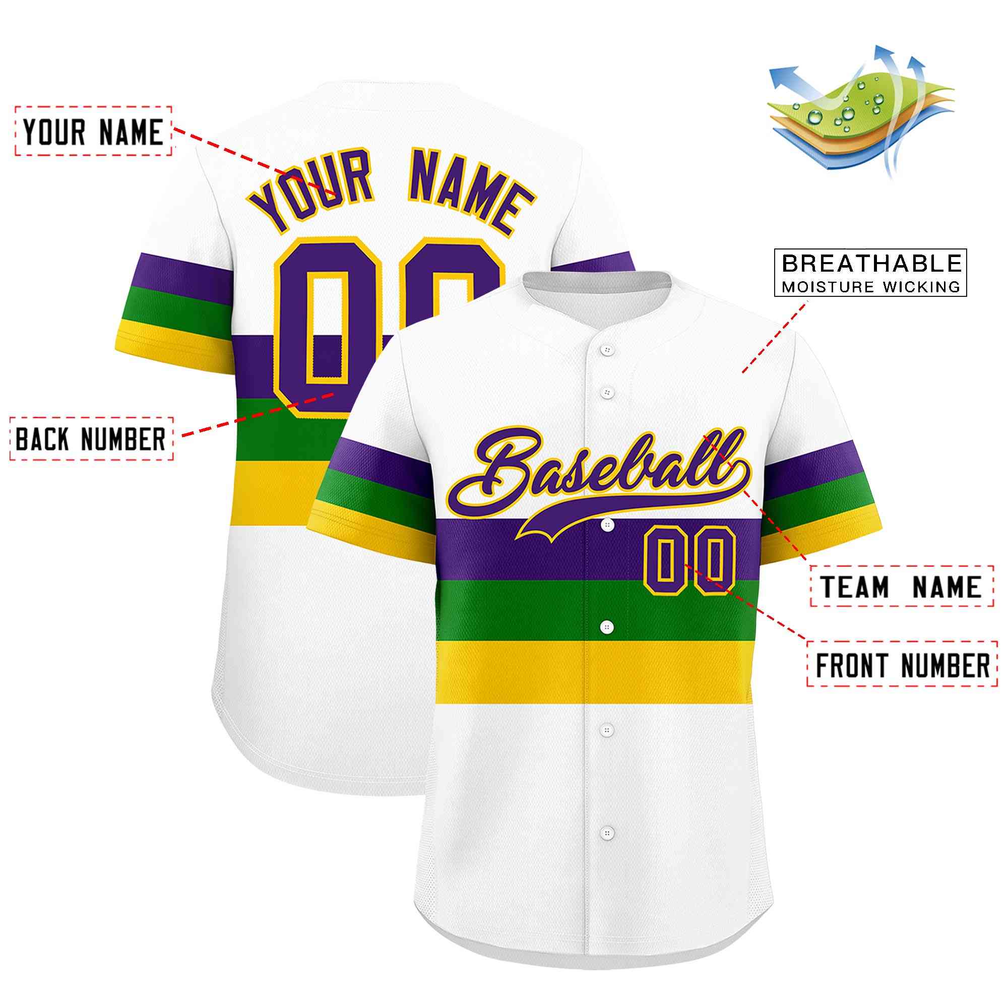 Custom White Purple Kelly Green Gold Personalization Mardi Gras Authentic Baseball Jersey| KXKSHOP