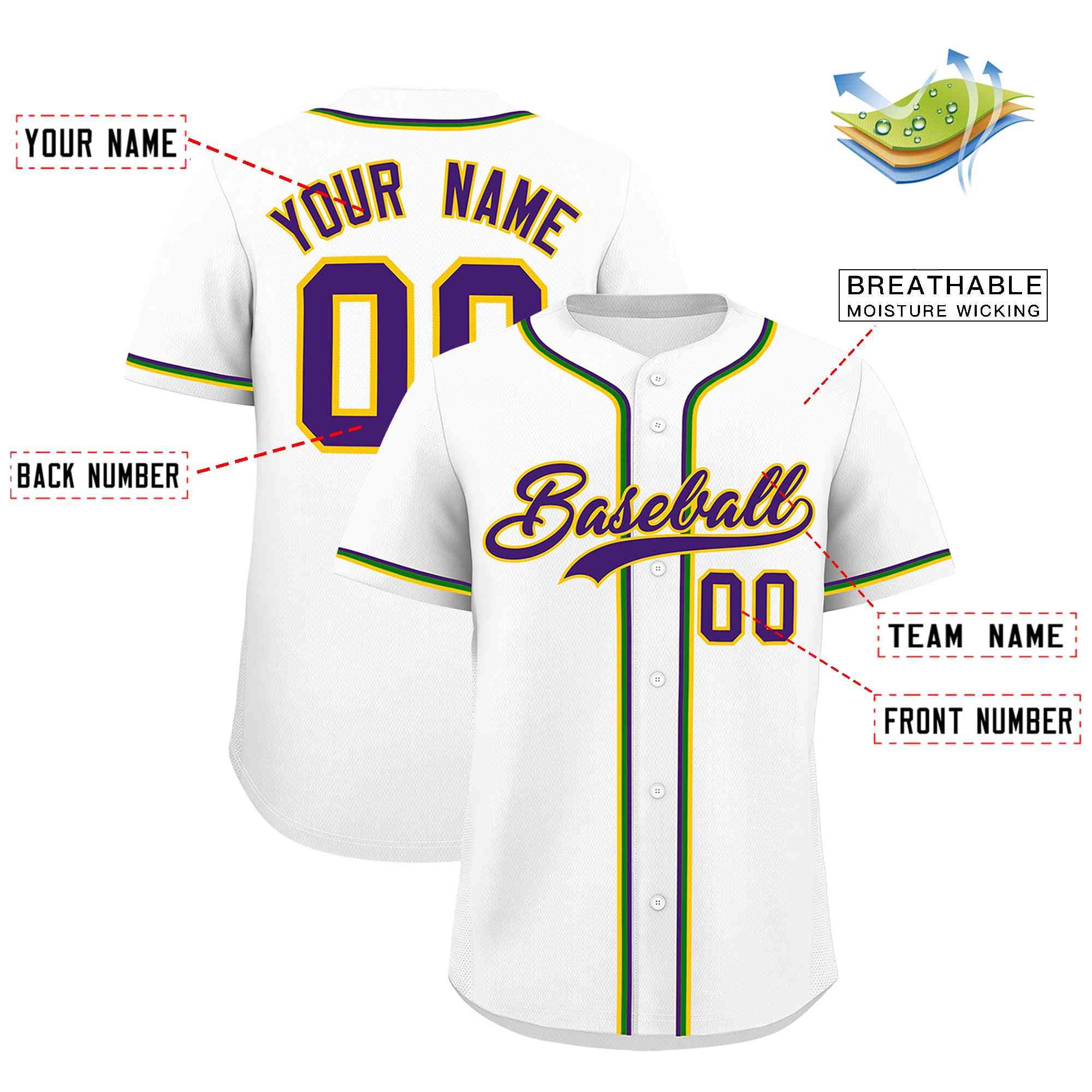 Custom White Purple Gold Kelly Green Personalization Mardi Gras Authentic Baseball Jersey| KXKSHOP