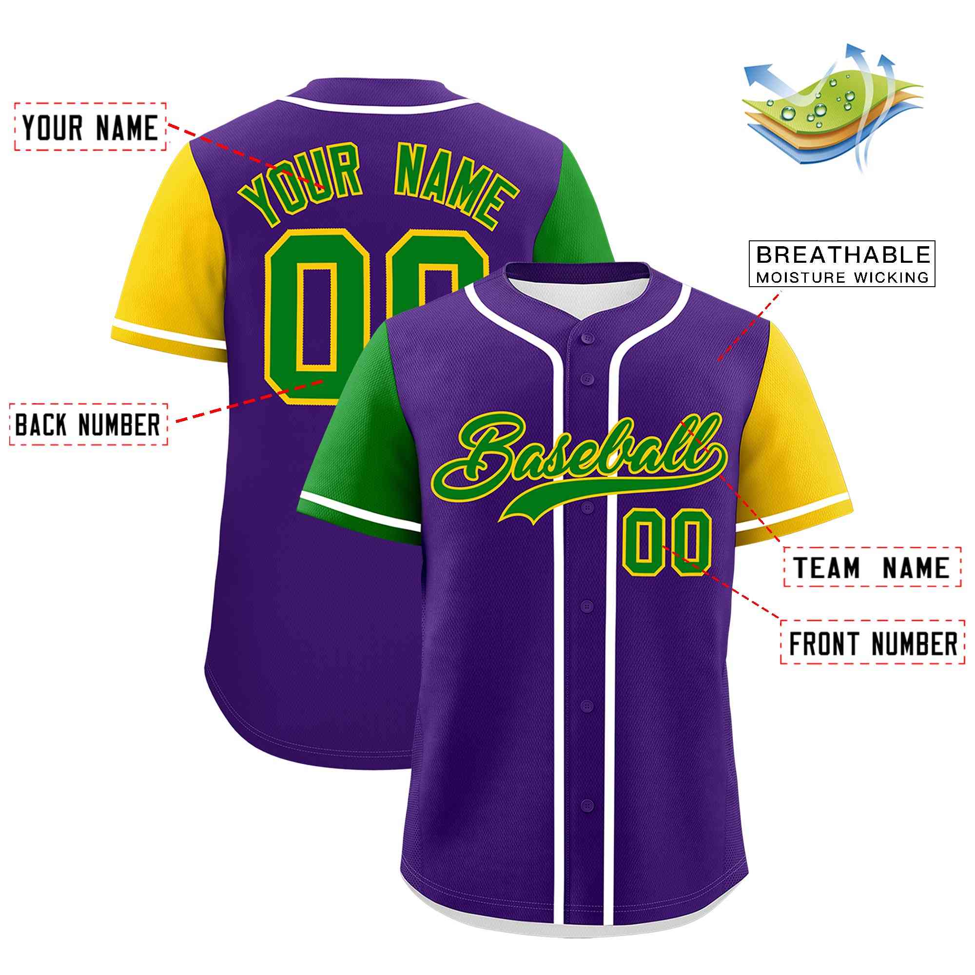 Custom Purple Kelly Green Gold Personalization Mardi Gras Authentic Baseball Jersey| KXKSHOP
