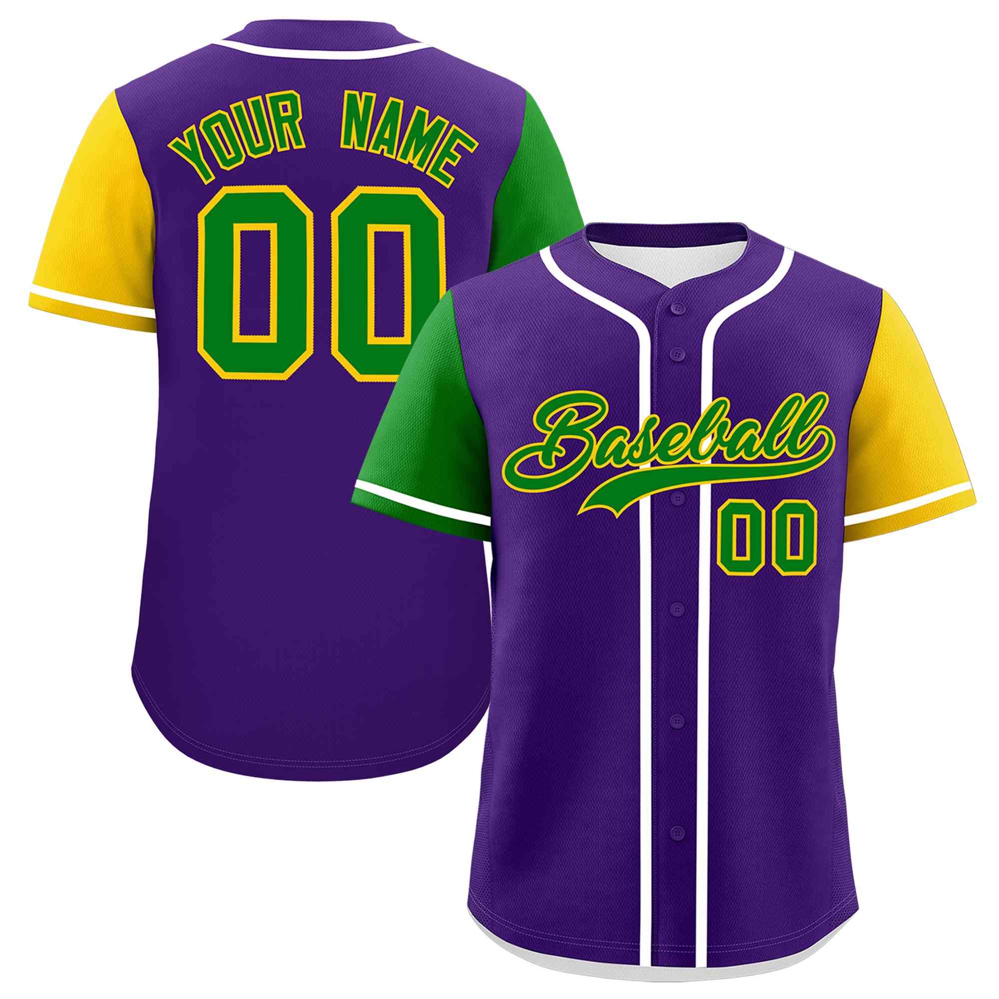 Custom Purple Kelly Green Gold Personalization Mardi Gras Authentic Baseball Jersey| KXKSHOP