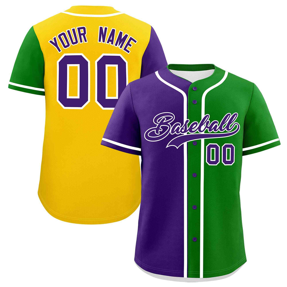 Custom Purple Kelly Green Gold Personalization Split Mardi Gras Authentic Baseball Jersey| KXKSHOP