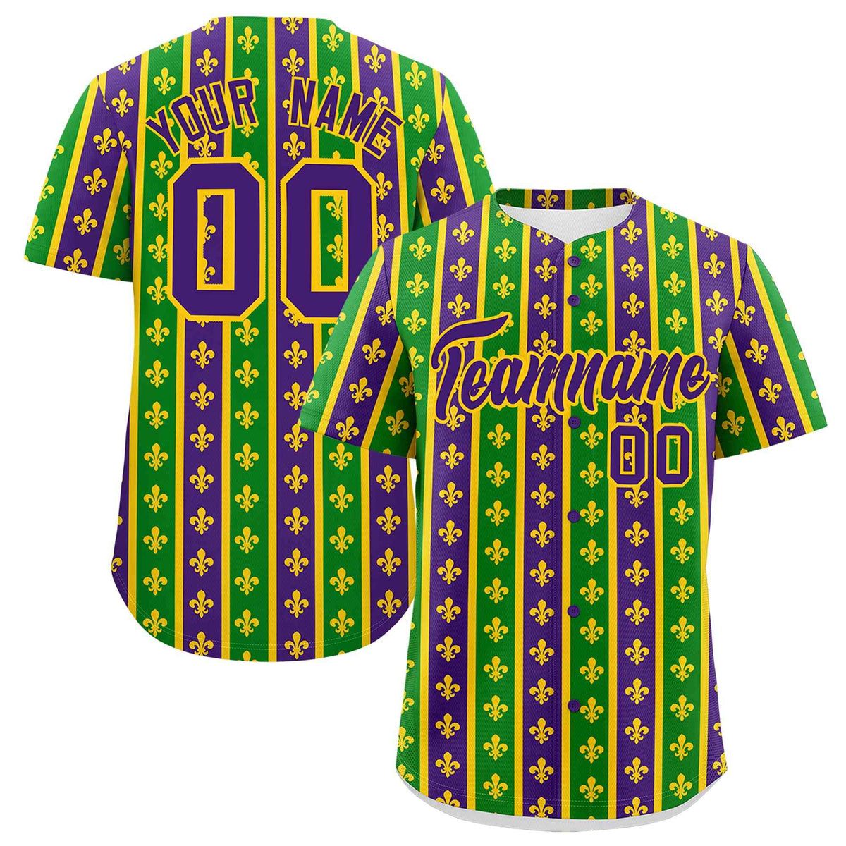 Custom Purple Kelly Green Gold Personalization Stripe Mardi Gras Authentic Baseball Jersey| KXKSHOP