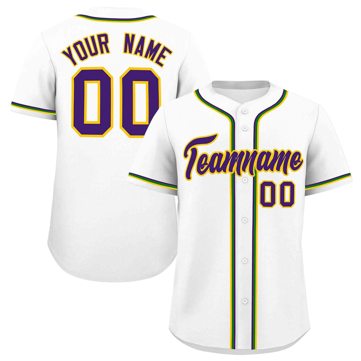Custom White Purple Gold Kelly Green Personalization Mardi Gras Authentic Baseball Jersey| KXKSHOP